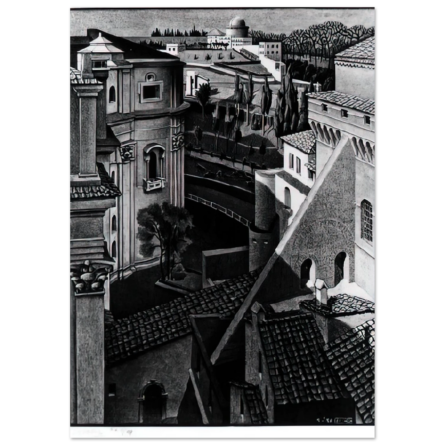 MC Escher - BERWEEN ST PETER AND SISTINE CHAPEL MARCH 1936 1936 Wall Art - 30x40 cm / 12x16 inches - Premium Wooden Framed Poster With Fine Art Paper-canvas - Black frame