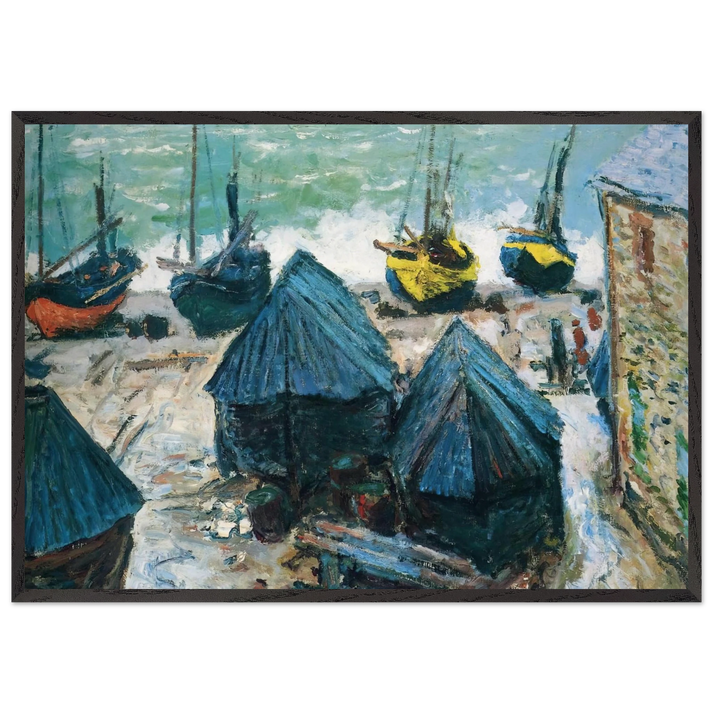 Boats on the Beach at Etretat - claude monet 70x100 cm / 28x40 inches Framed Art Print – Black Wooden Frame