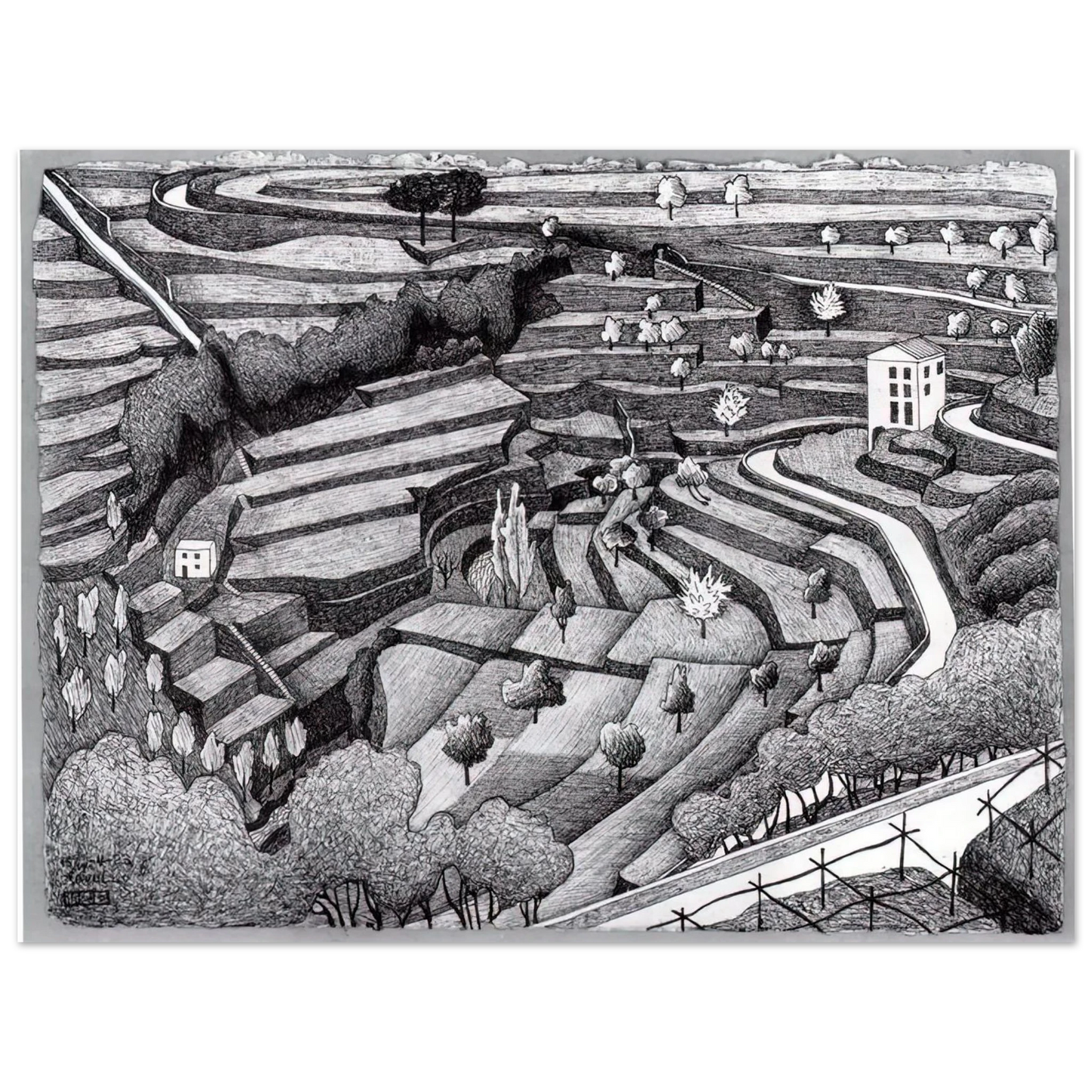 MC Escher - RAVELLO II Wall Art - 21x29.7 cm / 8x12" - Premium Wooden Framed Poster With Fine Art Paper-canvas - Black frame