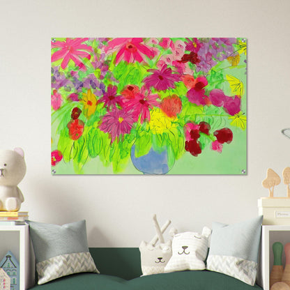 Blue Vase, Many Flowers - Naïve Art Primitivism, Pop Art - Walasse Ting Acrylic Print - 70x100 cm / 28x40″ inches