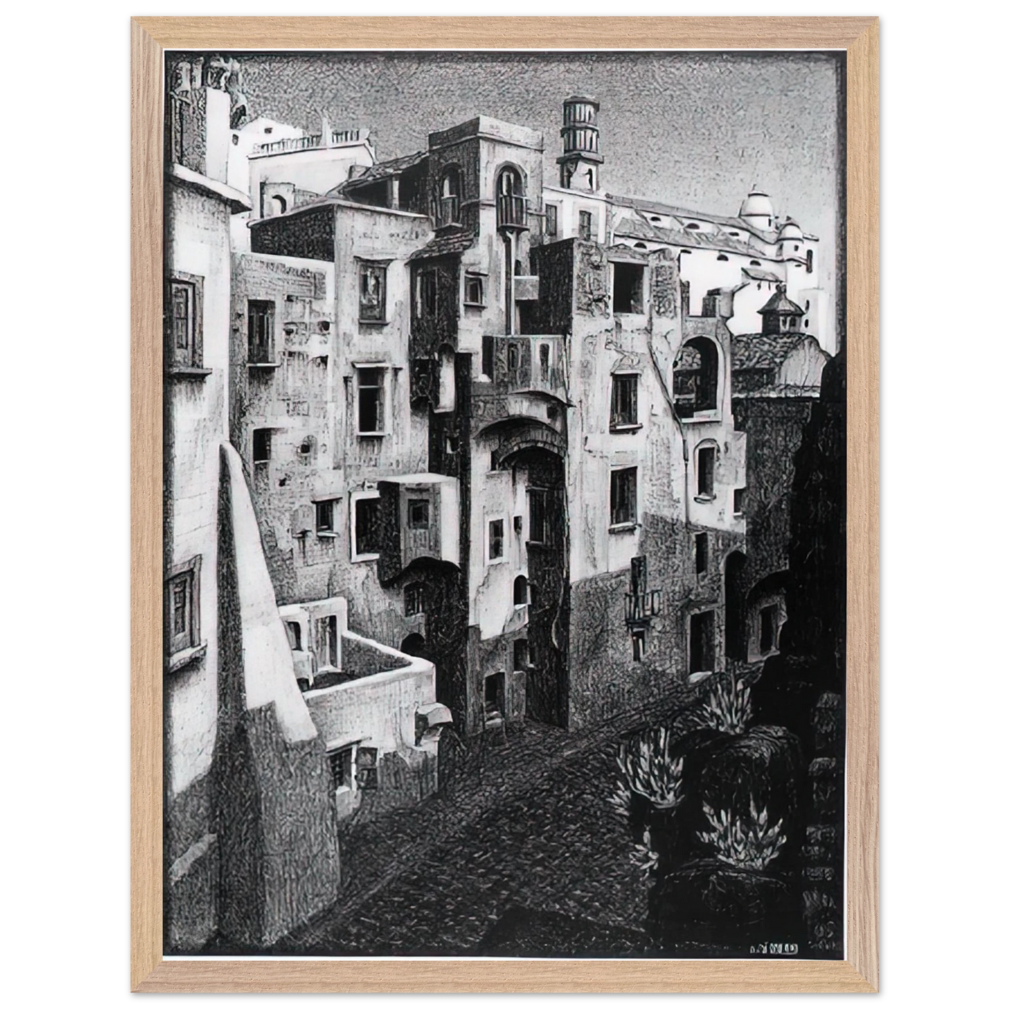 MC Escher - DILAPIDATED HOUSES IN ATRANI 1931 Wall Art - 21x29.7 cm / 8x12" - Premium Wooden Framed Poster With Fine Art Paper-canvas - Black frame