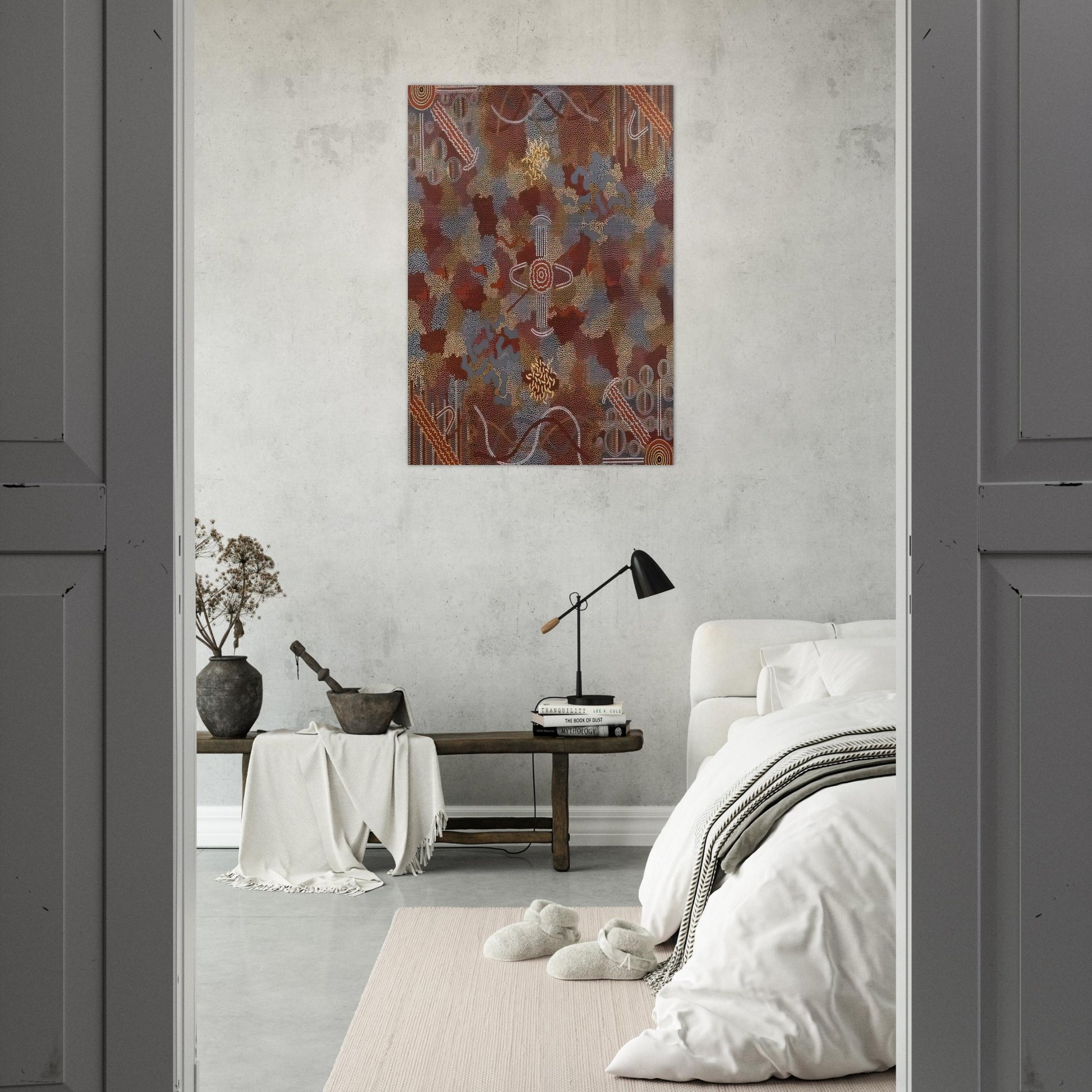 Frog Dreaming - 1989 - Clifford Possum Tjapaltjarri Brushed Aluminum Print - 70x100 cm / 28x40 inches | Clifford Possum Tjapaltjarri Aluminum Print | Clifford Possum Tjapaltjarri Prints