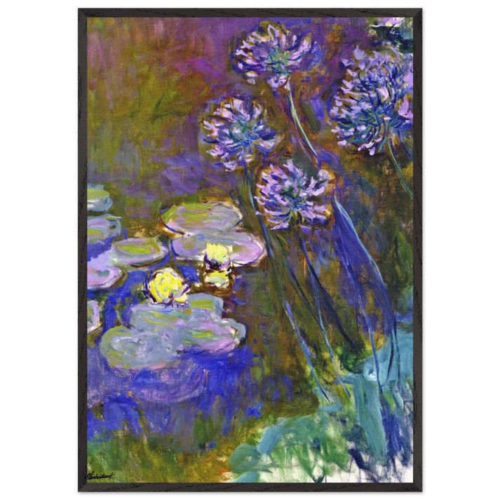 Water Lilies and Agapanthus - claude monet 70x100 cm / 28x40 inches Framed Art Print – Black Wooden Frame