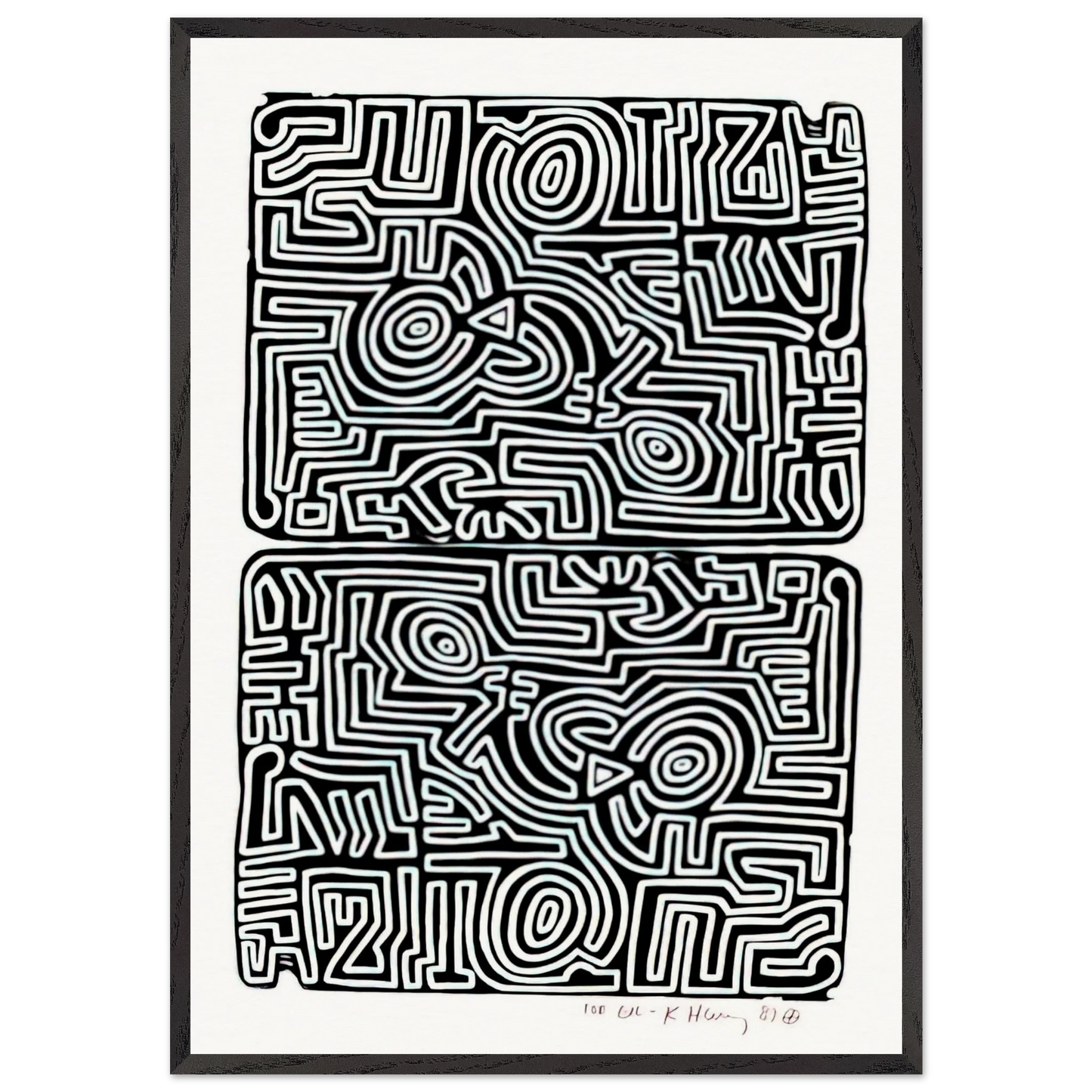 LABYRINTH 1989 N1 - Keith Haring 70x100 cm / 28x40 inches Framed Art Print – Black Wooden Frame | Keith Haring Art For Sale