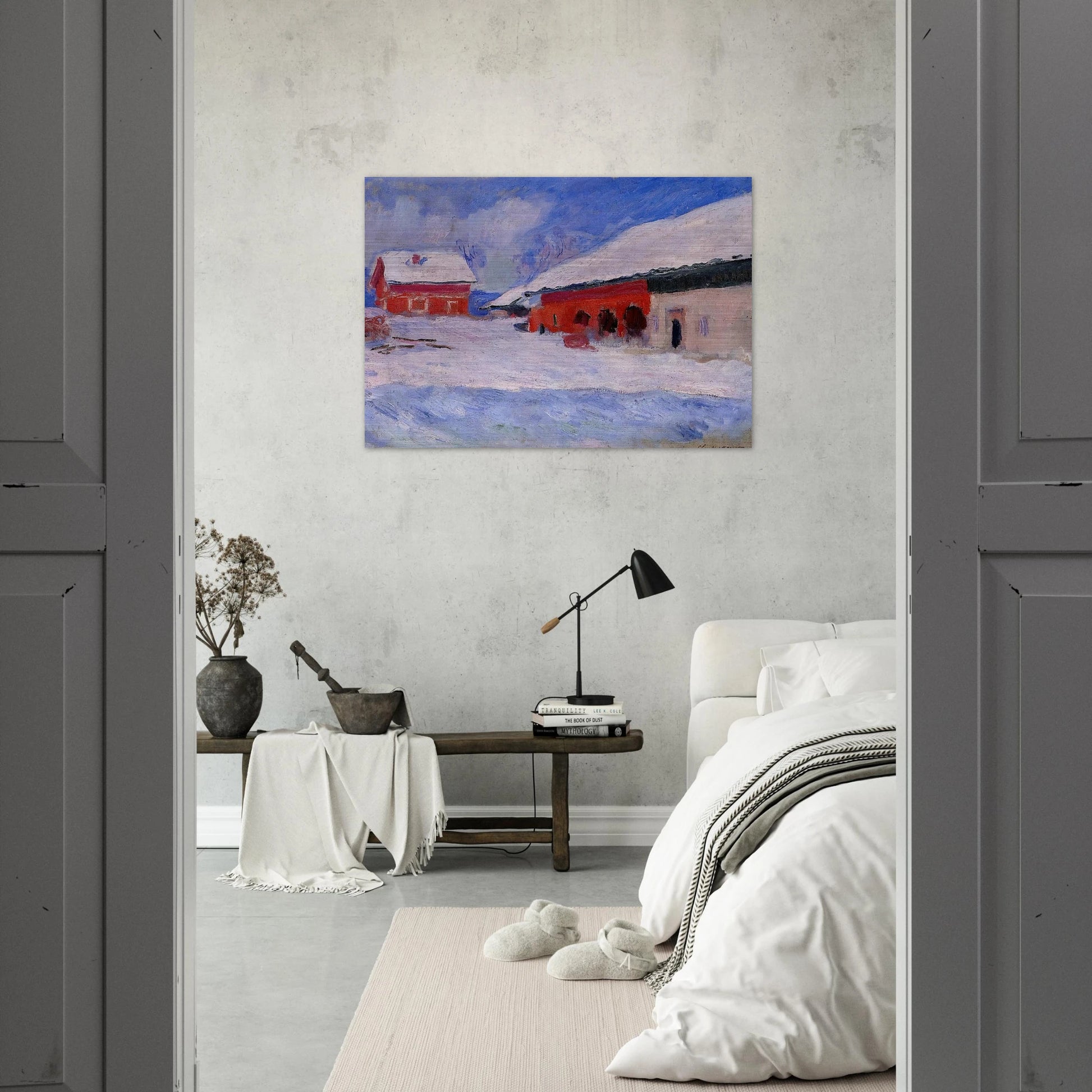 Red Houses at Bjornegaard in the Snow, Norway - claude monet Brushed Aluminum Print - 70x100 cm / 28x40 inches | claude monet Aluminum Print | claude monet Prints