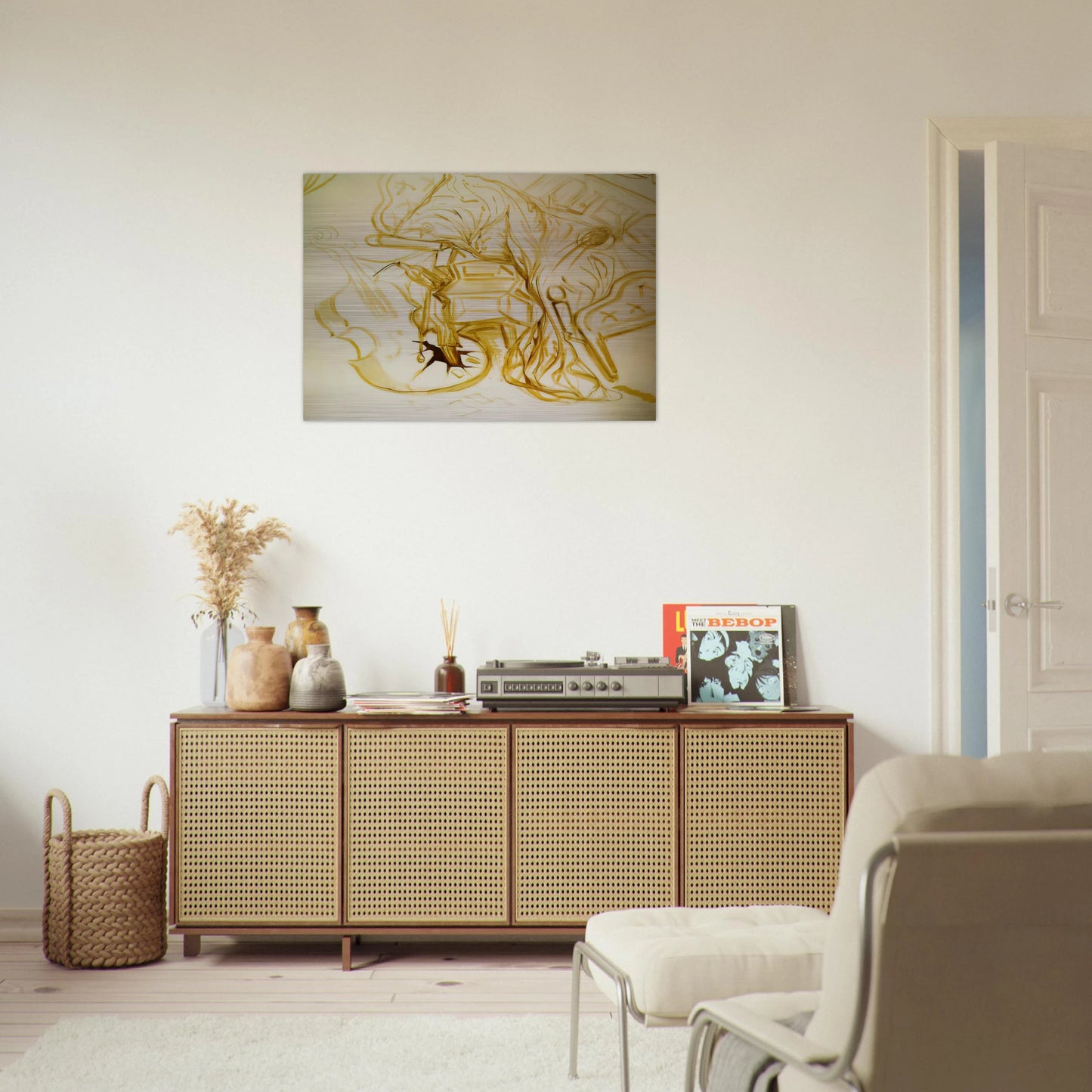 BED AND BEDSIDE TABLE FEROCIOUSLY ATTACKING A CELLO - Salvador Dali Brushed Aluminum Print - 70x100 cm / 28x40 inches | Salvador Dali Aluminum Print | Salvador Dali Prints