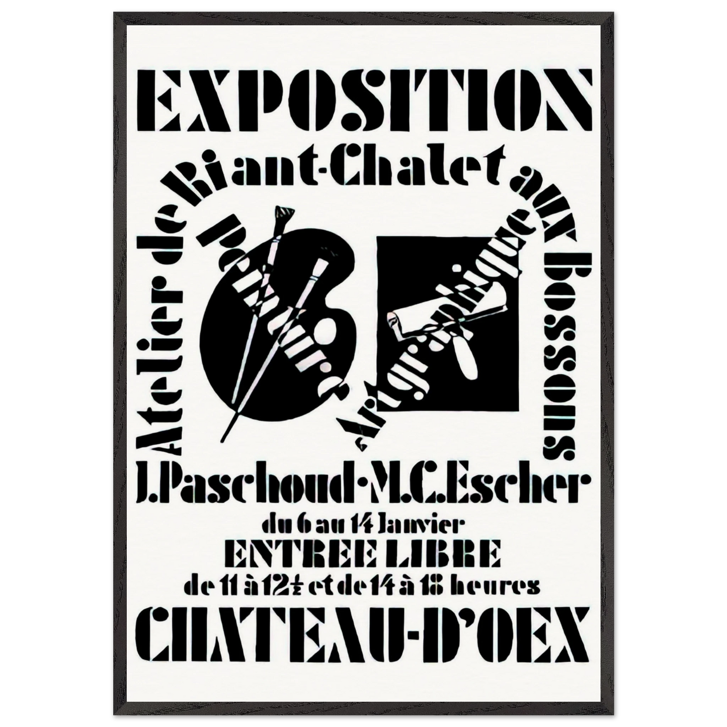 POSTER FOR EXHIBITION JOHN PASCHOUD AND M C ESCHER DECEMBER 1936 1936 - MC Escher 70x100 cm / 28x40 inches Framed Art Print – Black Wooden Frame | Maurits Cornelis Escher Prints