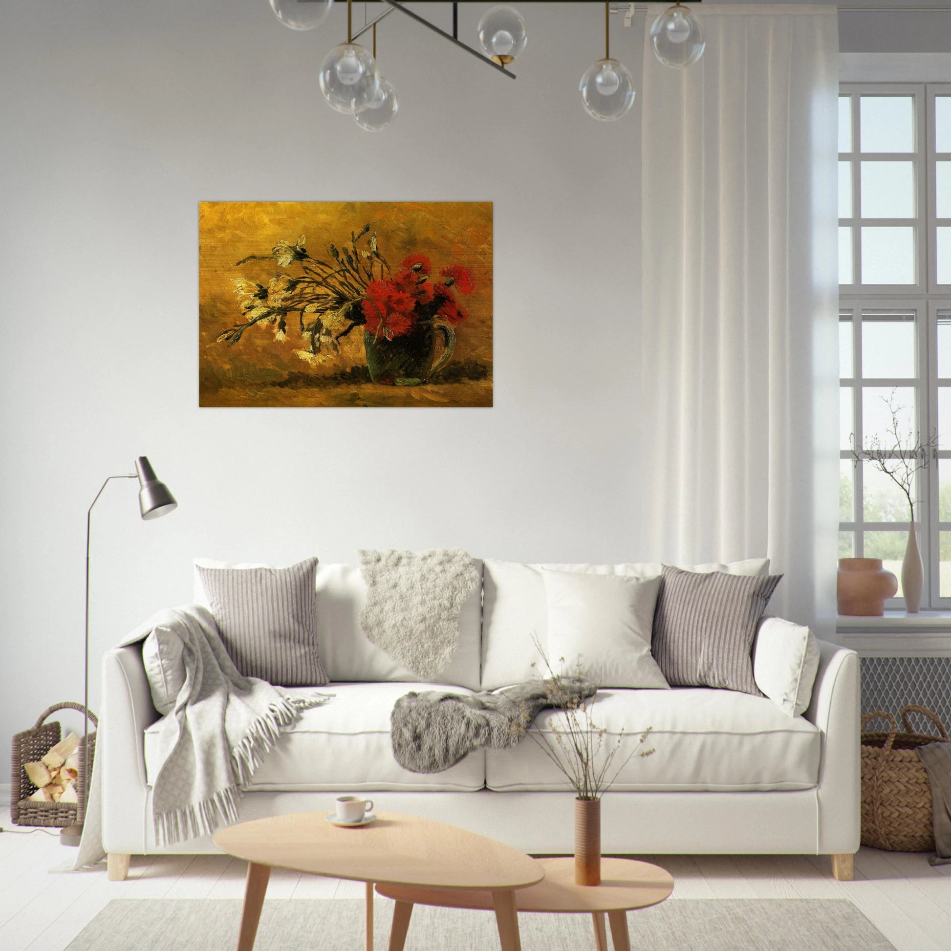 Vase with Red and White Carnations on a Yellow Background - Vincent van Gogh Brushed Aluminum Print - 70x100 cm / 28x40 inches | Vincent van Gogh Aluminum Print | Vincent van Gogh Prints