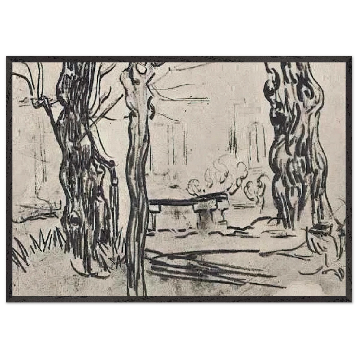 Garden of the Asylum and Tree Trunks and a Stone Bench - Vincent van Gogh 70x100 cm / 28x40 inches Framed Art Print – Black Wooden Frame