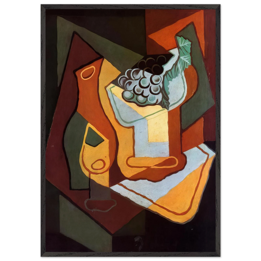 BOTTLE WINE GLASS AND FRUIT BOWL - Juan Gris 70x100 cm / 28x40 inches Framed Art Print – Black Wooden Frame