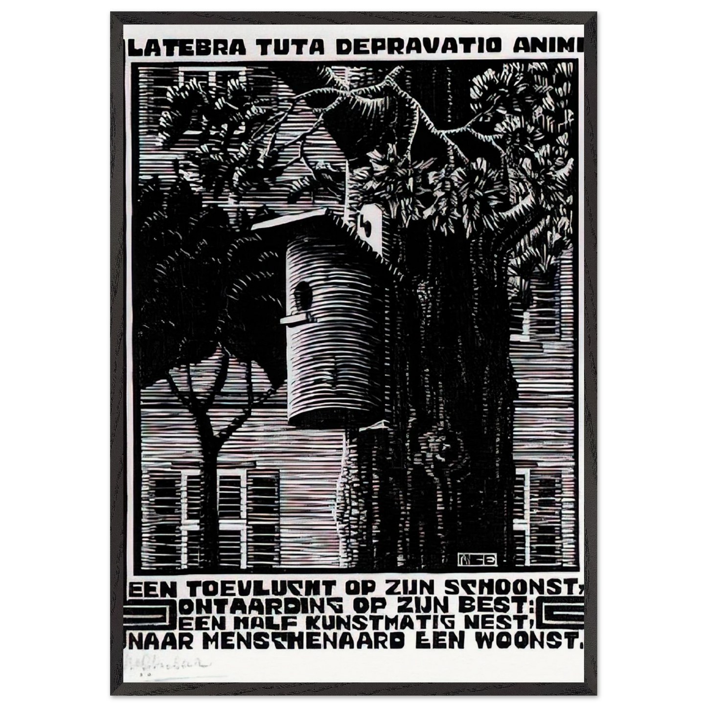 EMBLEMATA RETREAT - MC Escher 70x100 cm / 28x40 inches Framed Art Print – Black Wooden Frame | Maurits Cornelis Escher Prints