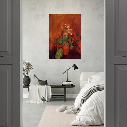 FLOWERS IN A POT ON A RED BACKGROUND - Odilon Redon Brushed Aluminum Print - 70x100 cm / 28x40 inches | Odilon Redon Aluminum Print | Odilon Redon Prints