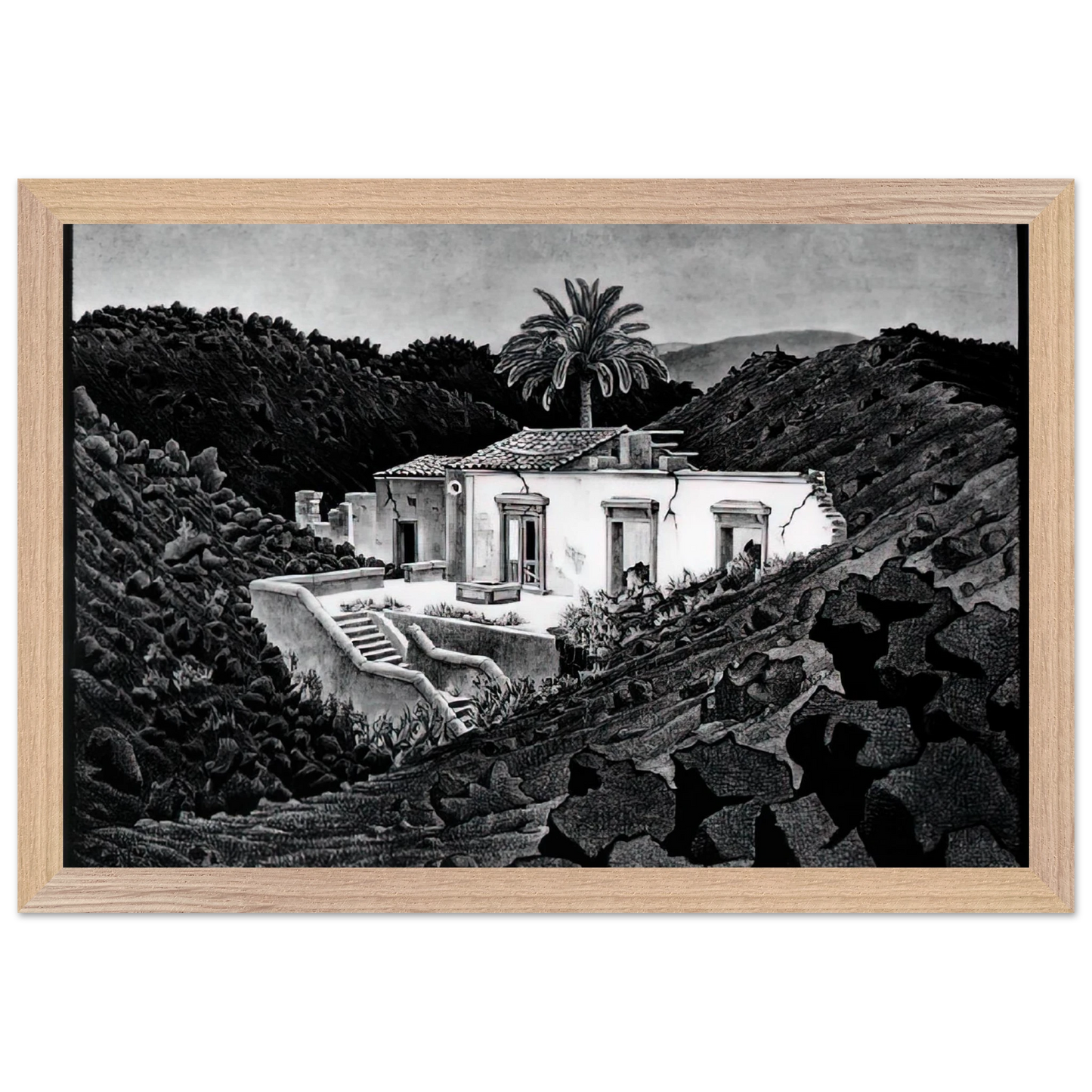 MC Escher - HOUSE IN THE LAVA NEAR NUNZIATA Wall Art - 30x40 cm / 12x16 inches - Premium Wooden Framed Poster With Fine Art Paper-canvas - Wood frame