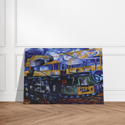 Airplane over train - 1913 - Natalia Goncharova Brushed Aluminum Print - 70x100 cm / 28x40 inches | Natalia Goncharova Aluminum Print | Natalia Goncharova Prints
