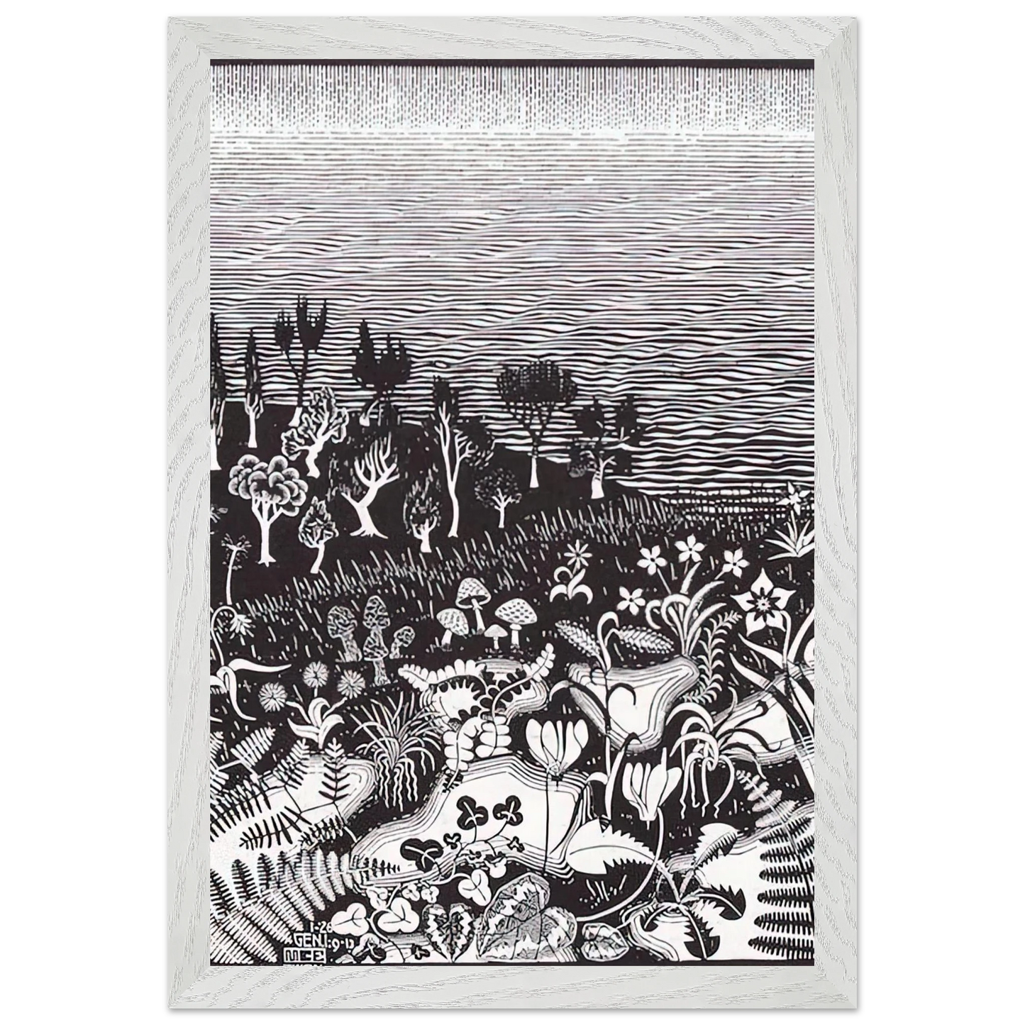 MC Escher - THE 3RD DAY OF THE CREATION Wall Art - 21x29.7 cm / 8x12" - Premium Wooden Framed Poster With Fine Art Paper-canvas - Wood frame