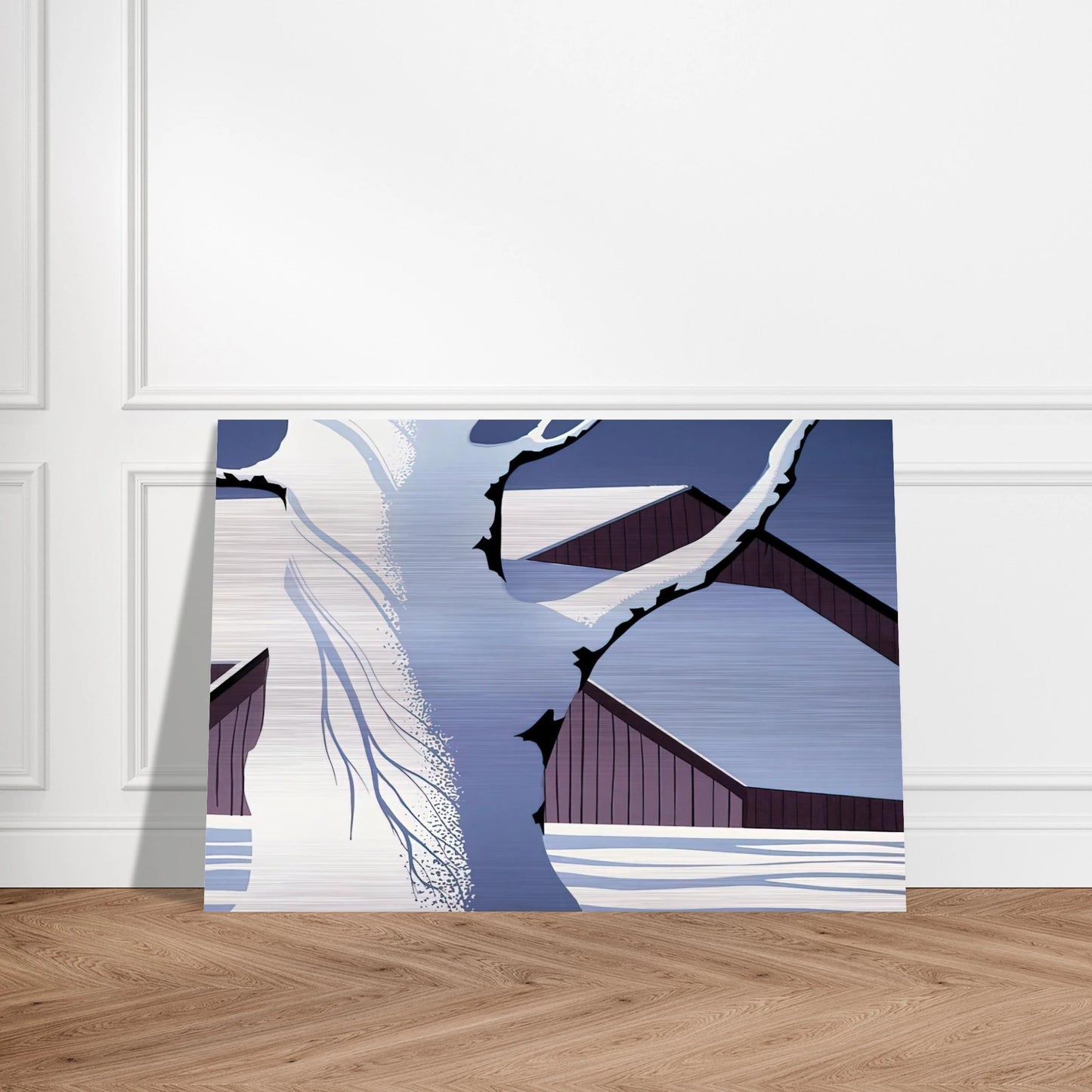 Red Barn and Tree Trunk - Eyvind Earle Brushed Aluminum Print - 70x100 cm / 28x40 inches | Eyvind Earle Aluminum Print | Eyvind Earle Prints