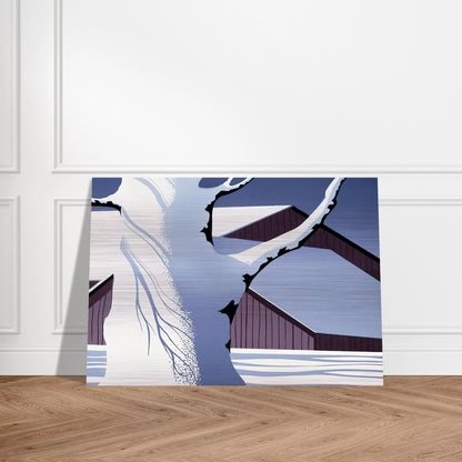 Red Barn and Tree Trunk - Eyvind Earle Brushed Aluminum Print - 70x100 cm / 28x40 inches | Eyvind Earle Aluminum Print | Eyvind Earle Prints