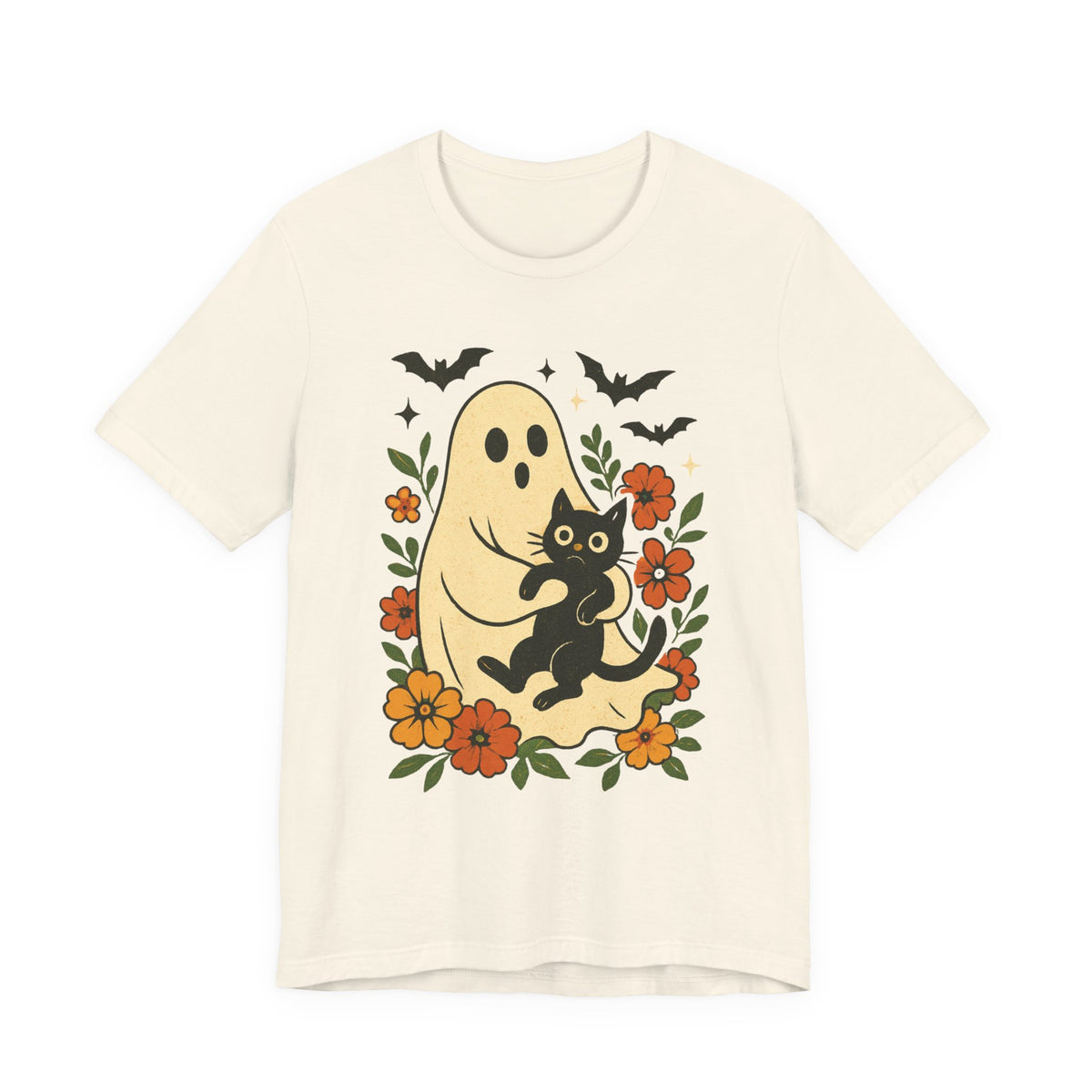 Gruseliger Geist mit schwarzer Katze, tolles Blumenmuster für Halloween