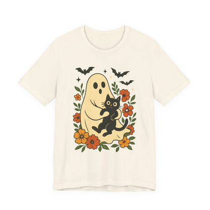 Gruseliger Geist mit schwarzer Katze, tolles Blumenmuster für Halloween