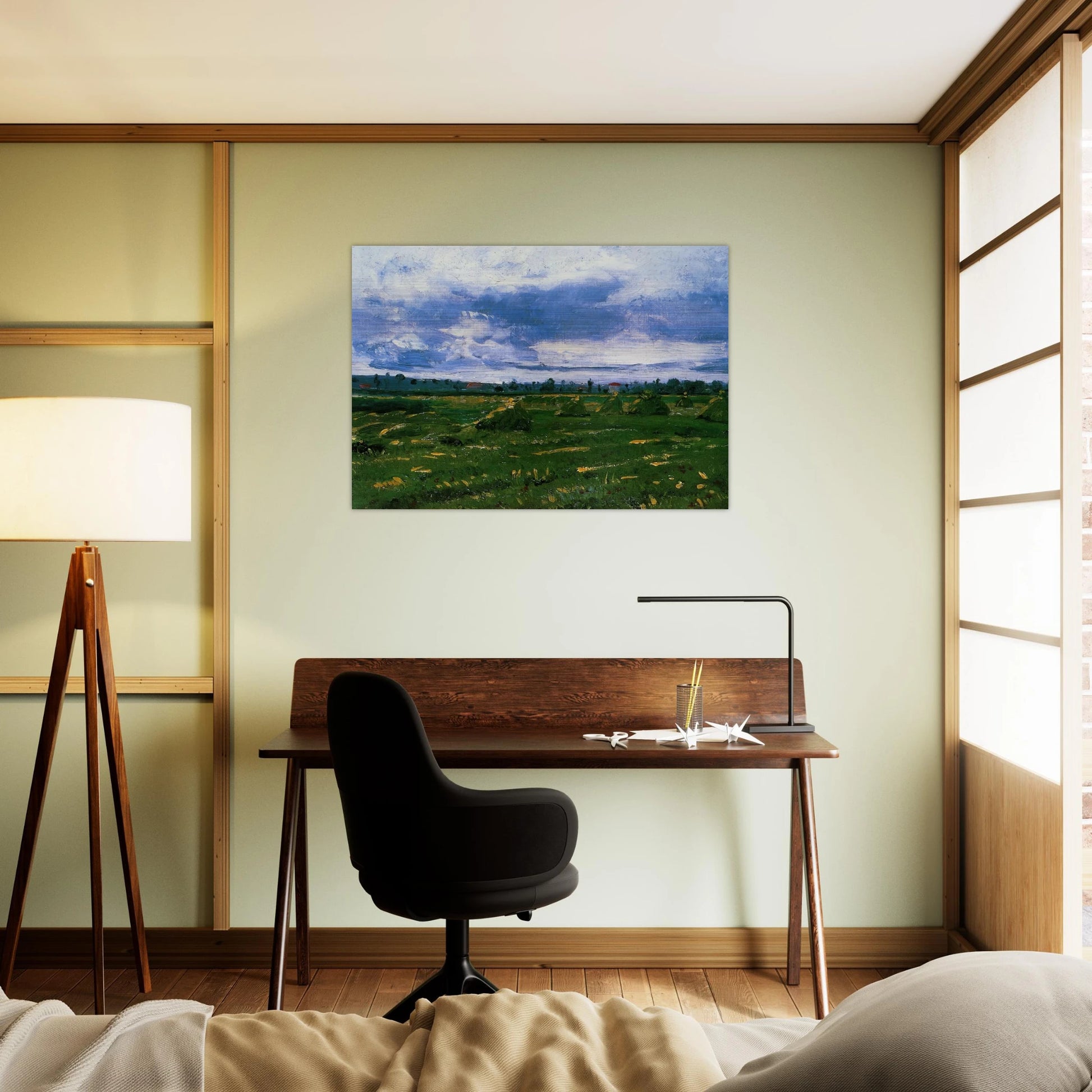 Wheat Fields with Stacks - Vincent van Gogh Brushed Aluminum Print - 70x100 cm / 28x40 inches | Vincent van Gogh Aluminum Print | Vincent van Gogh Prints