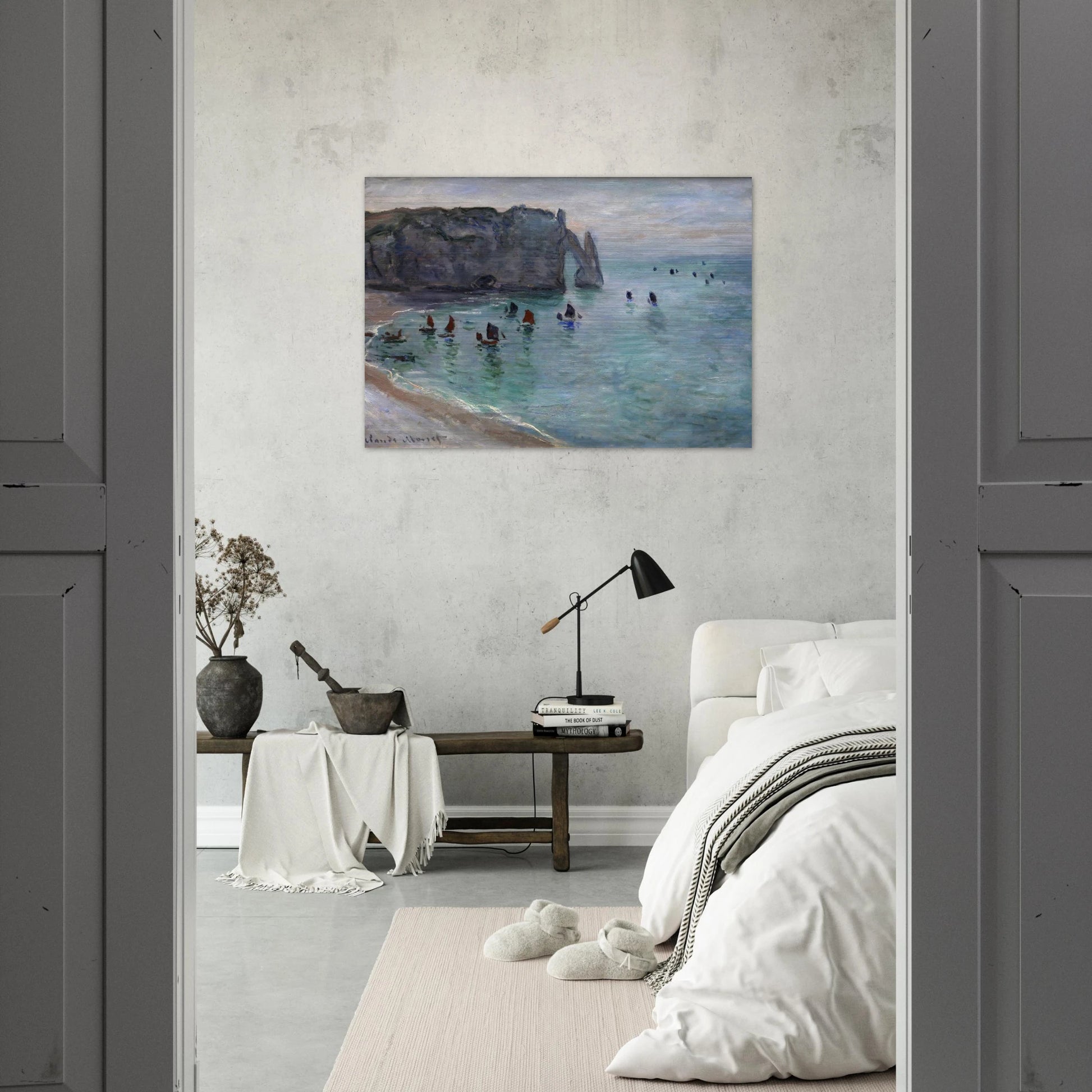 Etretat the Aval Door Fishing Boats Leaving the Harbour - claude monet Brushed Aluminum Print - 70x100 cm / 28x40 inches | claude monet Aluminum Print | claude monet Prints