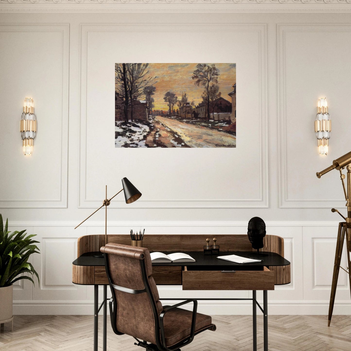 Road at Louveciennes, Melting Snow, Sunset - claude monet Brushed Aluminum Print - 70x100 cm / 28x40 inches | claude monet Aluminum Print | claude monet Prints
