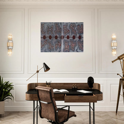 Narripi Dreaming Diptych - 1990 - Clifford Possum Tjapaltjarri Brushed Aluminum Print - 70x100 cm / 28x40 inches | Clifford Possum Tjapaltjarri Aluminum Print | Clifford Possum Tjapaltjarri Prints