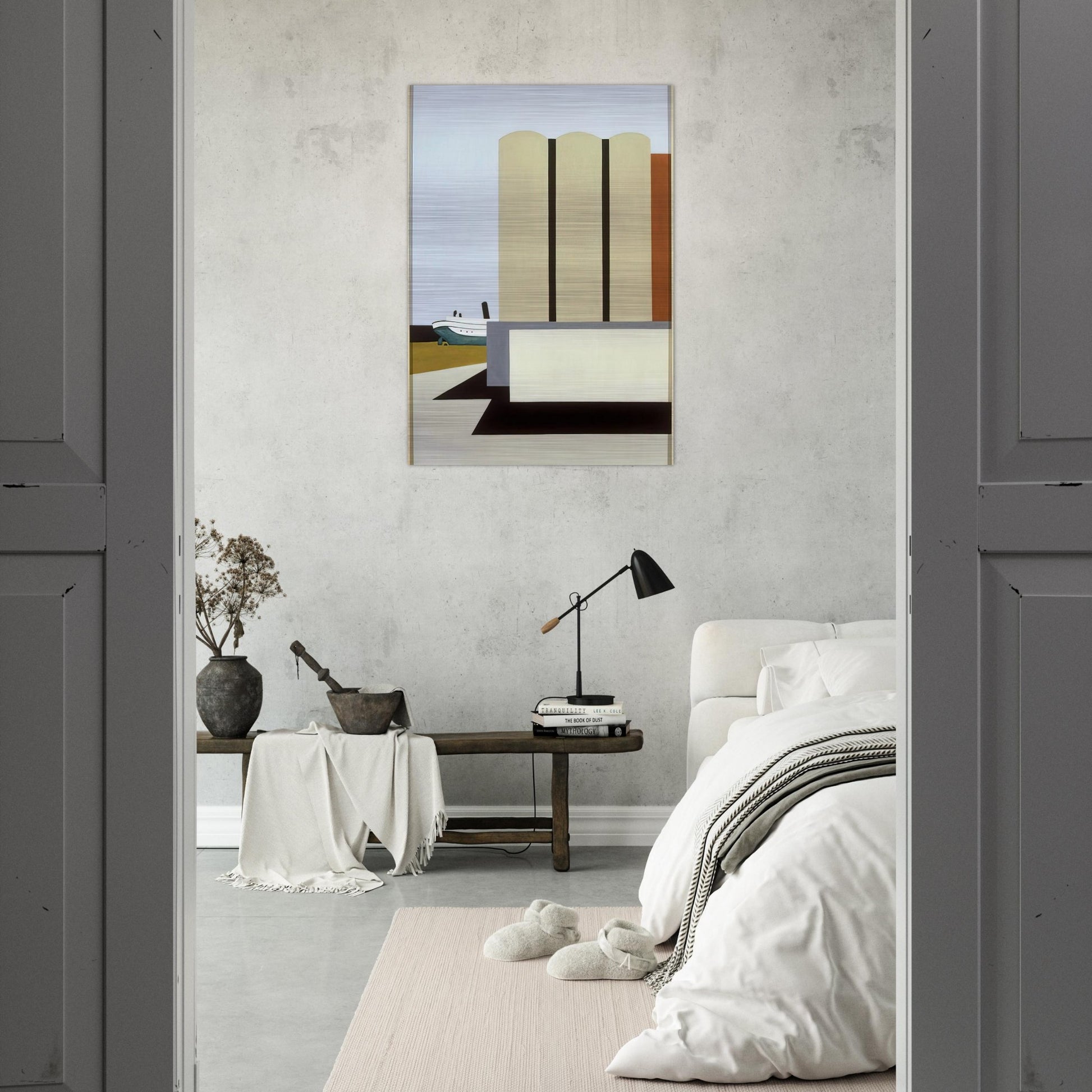Boat and Grain Elevators No. 2 - 1942 - Ralston Crawford Brushed Aluminum Print - 70x100 cm / 28x40 inches | Ralston Crawford Aluminum Print | Ralston Crawford Prints