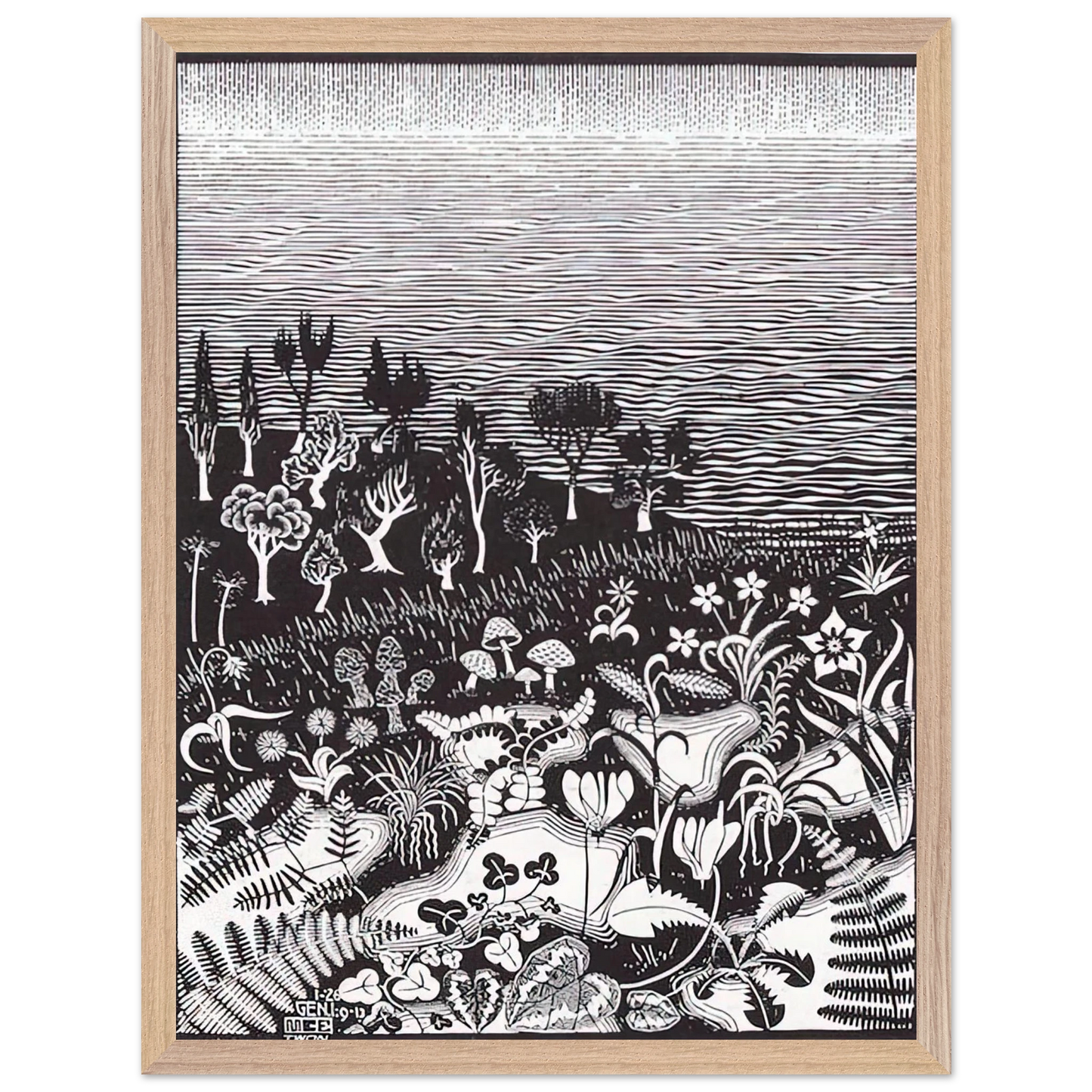 MC Escher - THE 3RD DAY OF THE CREATION Wall Art - 21x29.7 cm / 8x12" - Premium Wooden Framed Poster With Fine Art Paper-canvas - Black frame