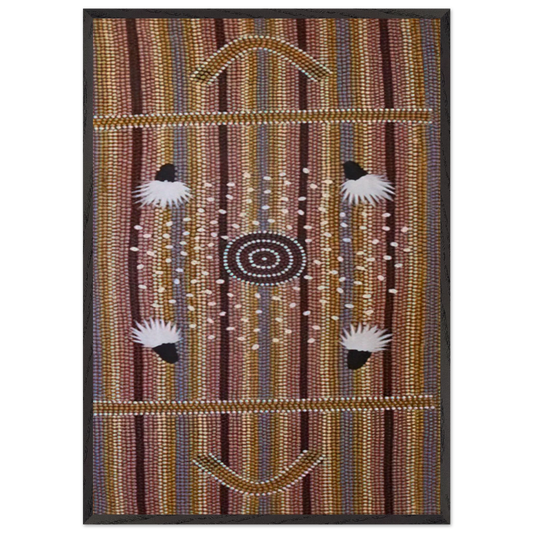 Bush Plum Dreaming - Native Art - Clifford Possum Tjapaltjarri 70x100 cm / 28x40 inches Framed Art Print – Black Wooden Frame
