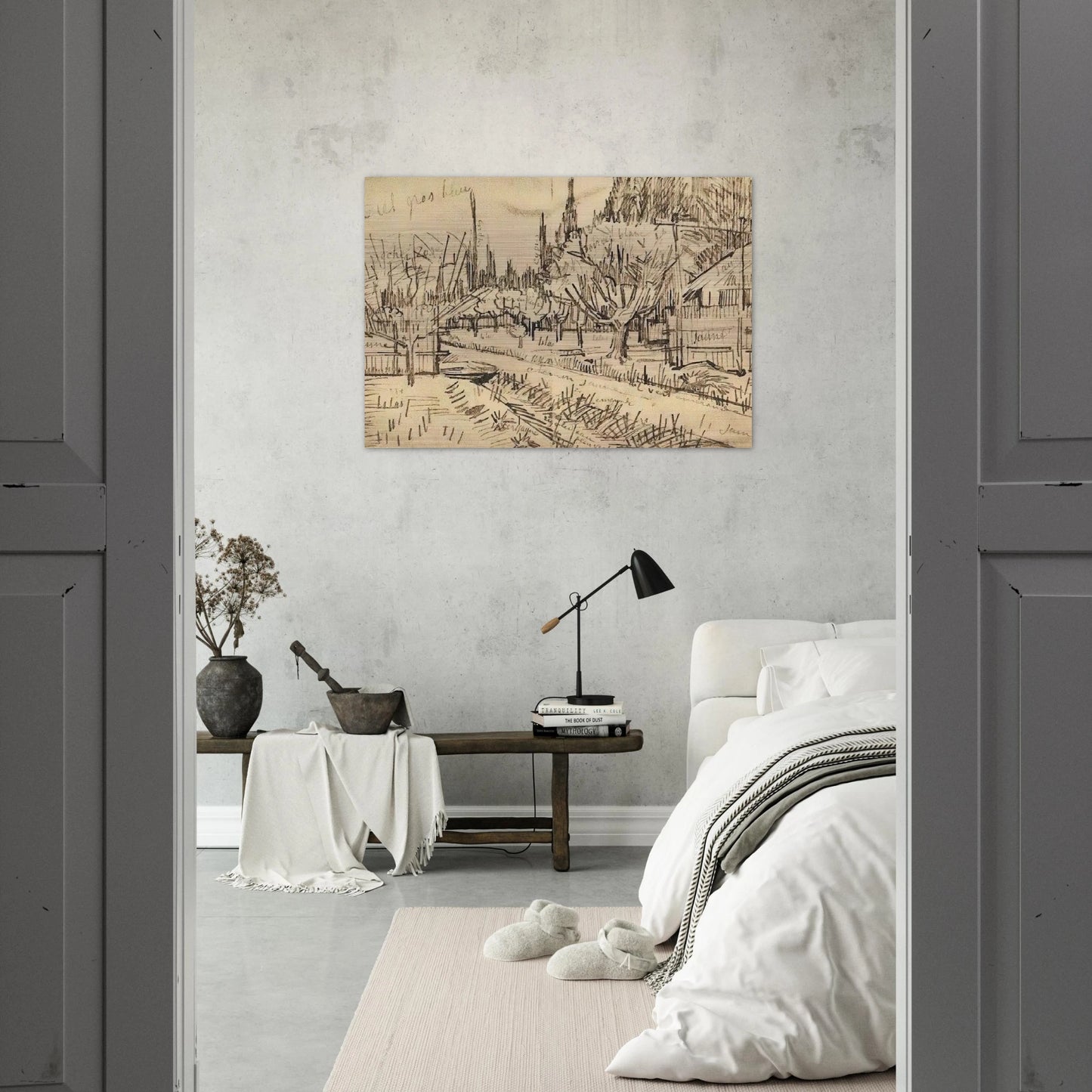 Orchard Surrounded by Cypresses - Vincent van Gogh Brushed Aluminum Print - 70x100 cm / 28x40 inches | Vincent van Gogh Aluminum Print | Vincent van Gogh Prints