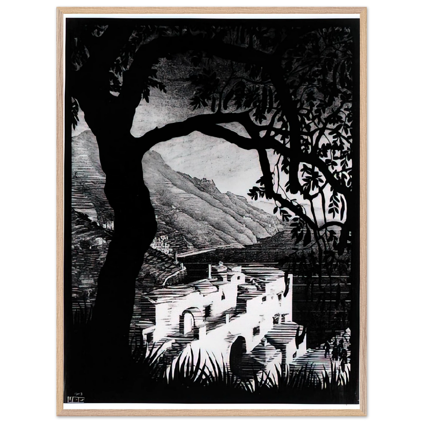 MC Escher - COAST OF AMALFI Wall Art - 21x29.7 cm / 8x12" - Premium Wooden Framed Poster With Fine Art Paper - Black frame