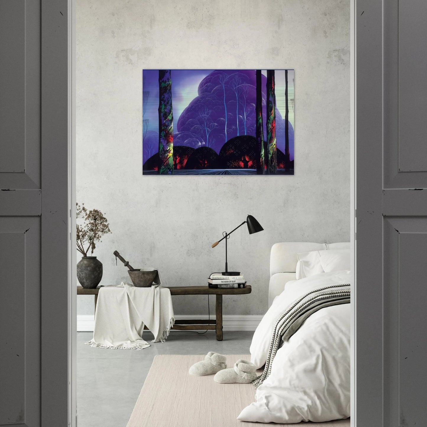 Purple Sunset - Eyvind Earle Brushed Aluminum Print - 70x100 cm / 28x40 inches | Eyvind Earle Aluminum Print | Eyvind Earle Prints