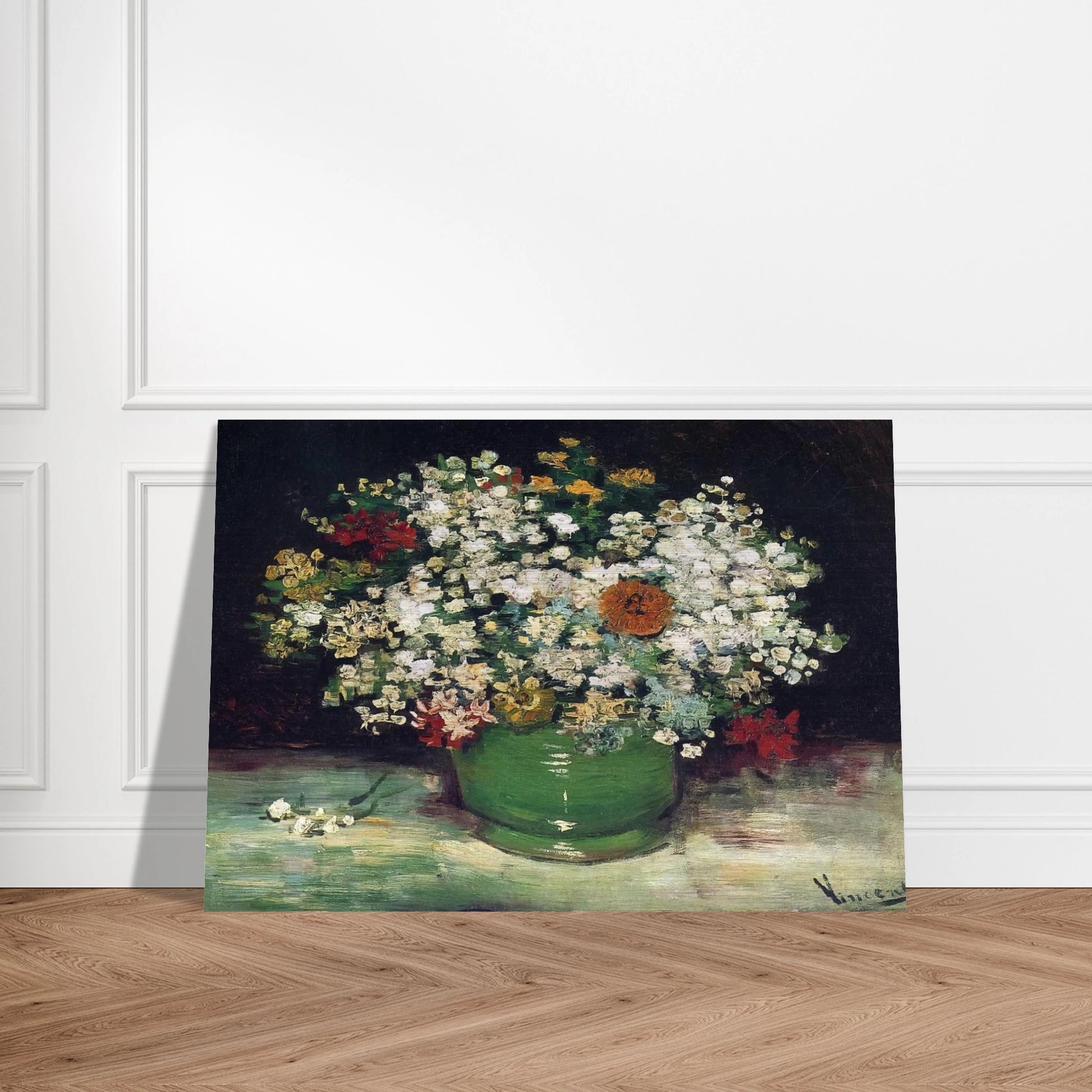 Vase with Zinnias and Other Flowers - Vincent van Gogh Brushed Aluminum Print - 70x100 cm / 28x40 inches | Vincent van Gogh Aluminum Print | Vincent van Gogh Prints