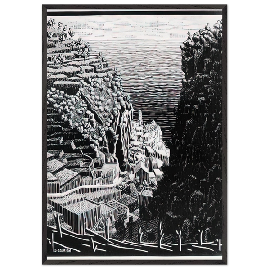 ATRANI COAST OF AMALFI 1 - MC Escher 70x100 cm / 28x40 inches Framed Art Print – Black Wooden Frame | Maurits Cornelis Escher Prints