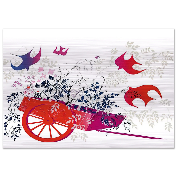 Red Wagon & Foliage - Eyvind Earle Brushed Aluminum Print - 70x100 cm / 28x40 inches | Eyvind Earle Aluminum Print | Eyvind Earle Prints