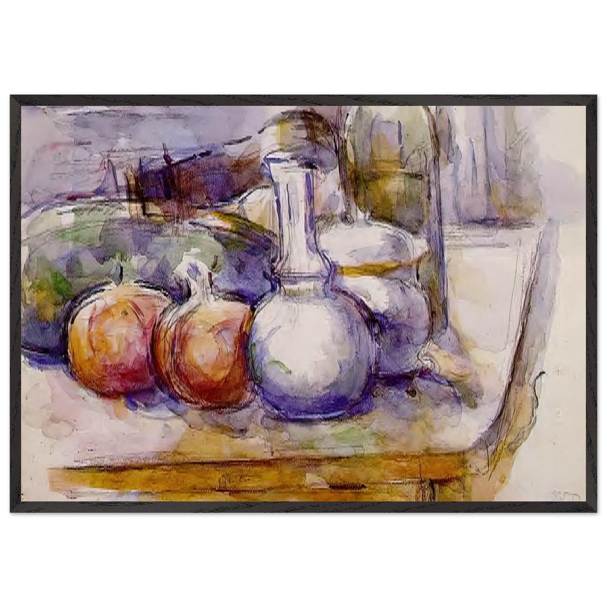 Still Life with Carafe Sugar Bowl Bottle Pommegranates and Watermelon - Paul Cezanne 70x100 cm / 28x40 inches Framed Art Print – Black Wooden Frame