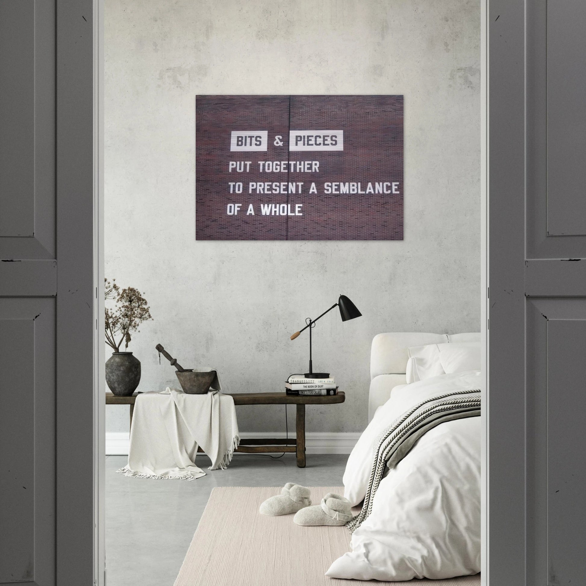 Bits  Pieces Put Together to Present a Semblance of a Whole - 2005 - Lawrence Weiner Brushed Aluminum Print - 70x100 cm / 28x40 inches | Lawrence Weiner Aluminum Print | Lawrence Weiner Prints