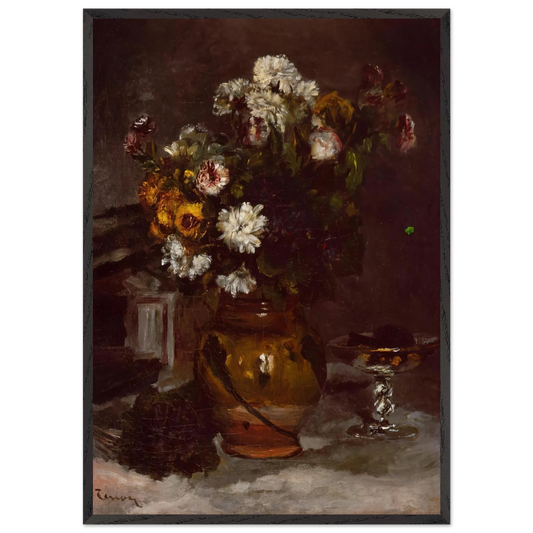 Flowers in a Vase and a Glass of Champagne - Pierre-Auguste Renoir 70x100 cm / 28x40 inches Framed Art Print – Black Wooden Frame