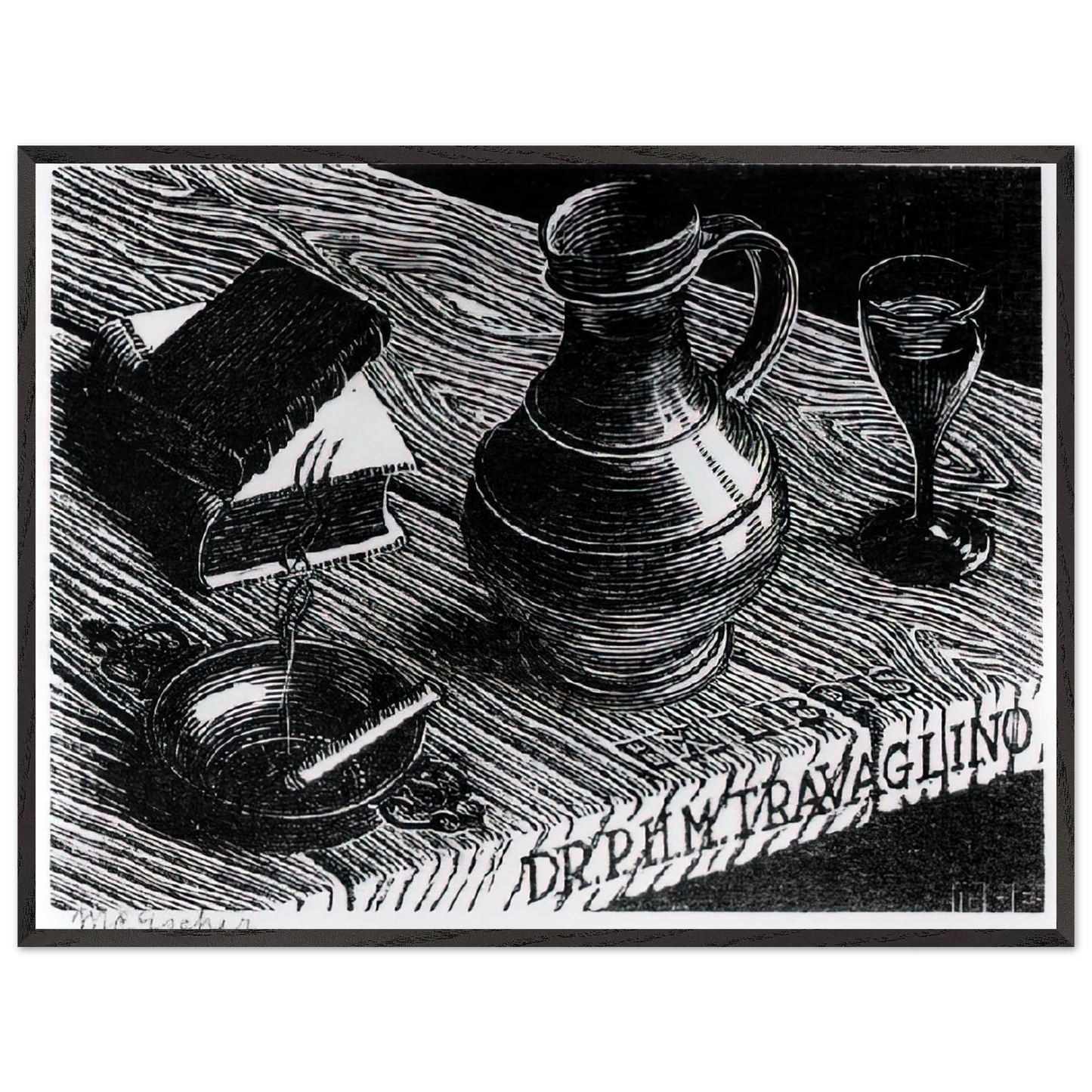 MC Escher - BOOKPLATE DR P H M TRAVAGLINO Wall Art - 30x40 cm / 12x16 inches - Premium Wooden Framed Poster With Fine Art Paper-canvas - Wood frame