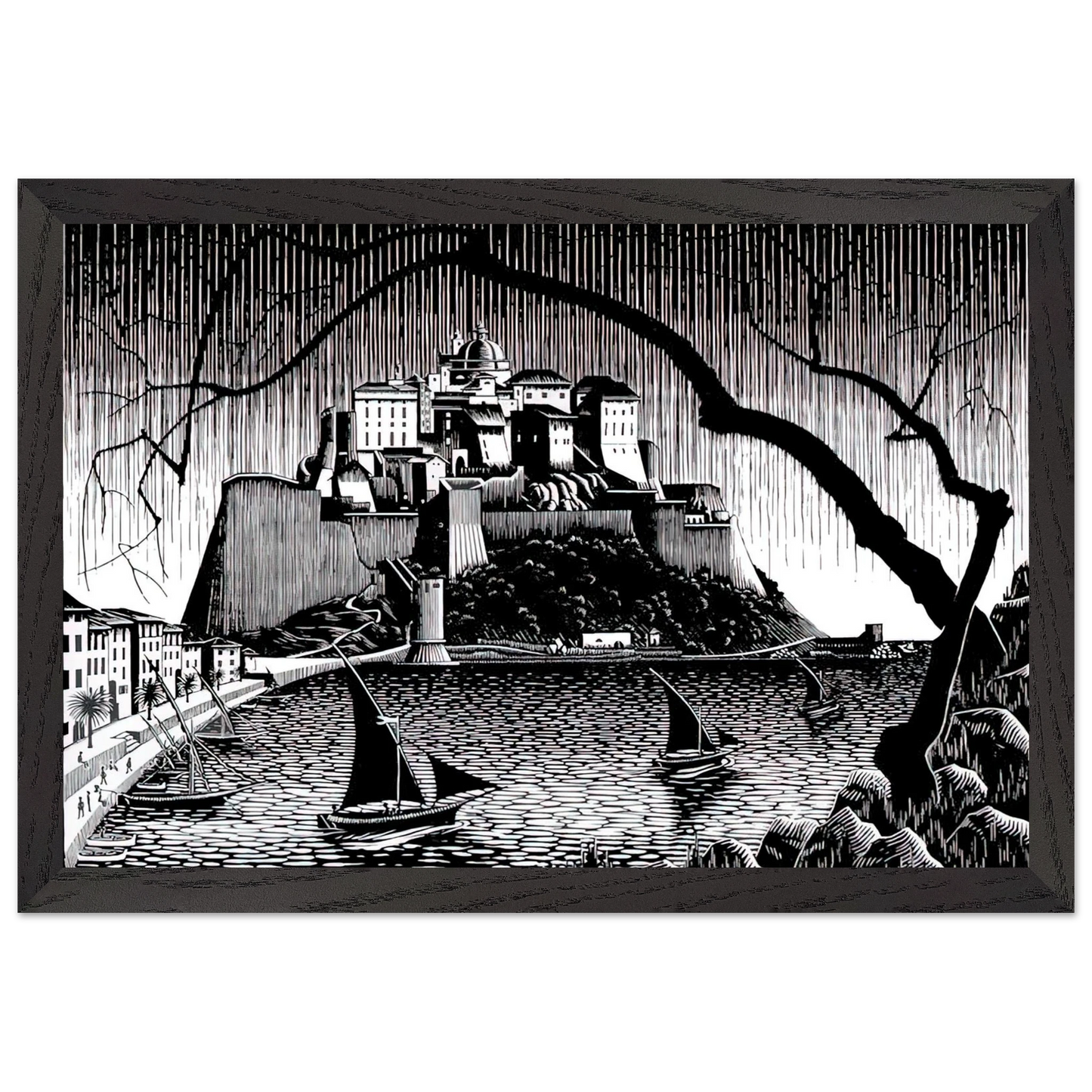 MC Escher - CITADEL OF CALVI CORSICA Wall Art - 21x29.7 cm / 8x12" - Premium Wooden Framed Poster With Fine Art Paper - Black frame