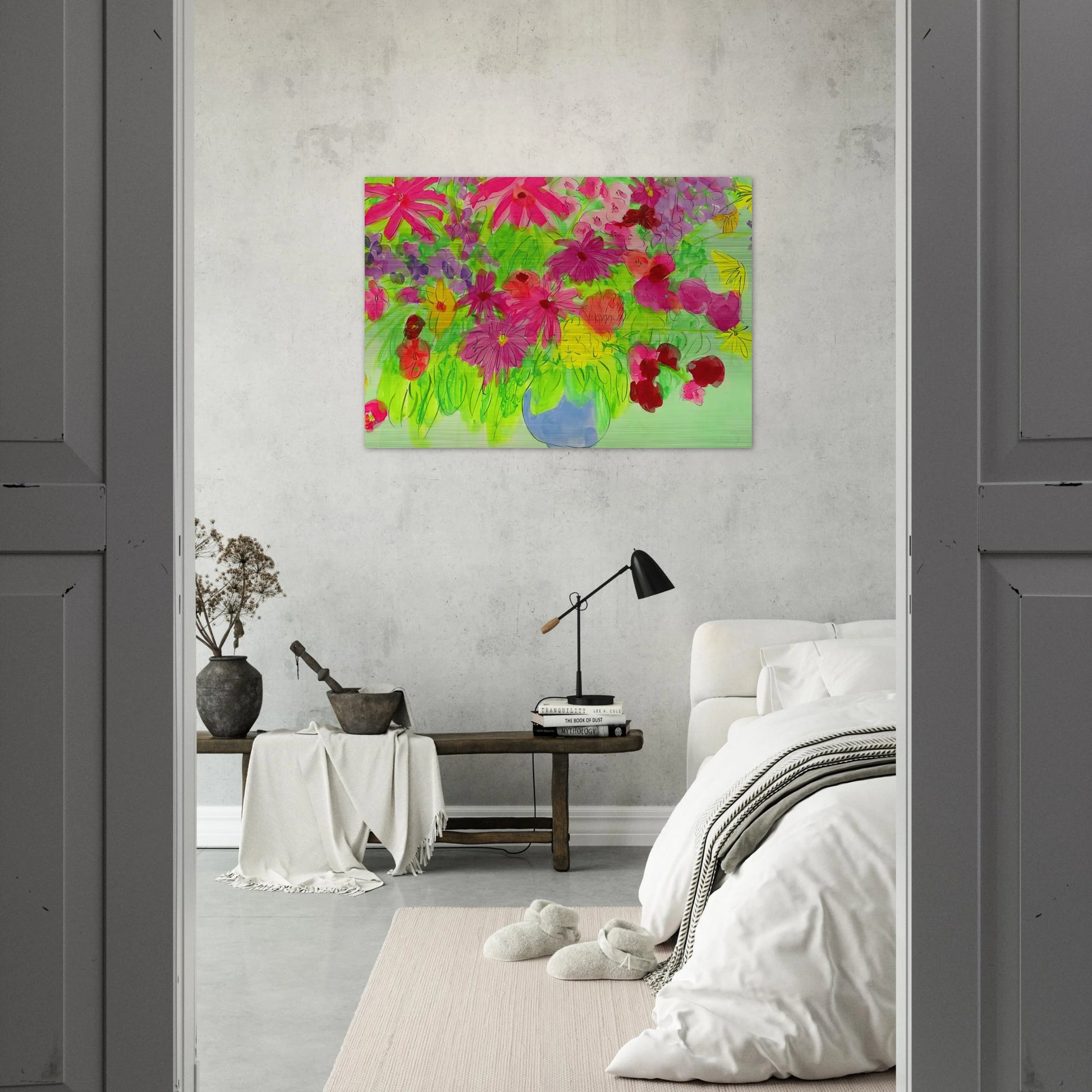 Blue Vase, Many Flowers - Naïve Art Primitivism, Pop Art - Walasse Ting Brushed Aluminum Print - 70x100 cm / 28x40 inches | Walasse Ting Aluminum Print | Walasse Ting Prints