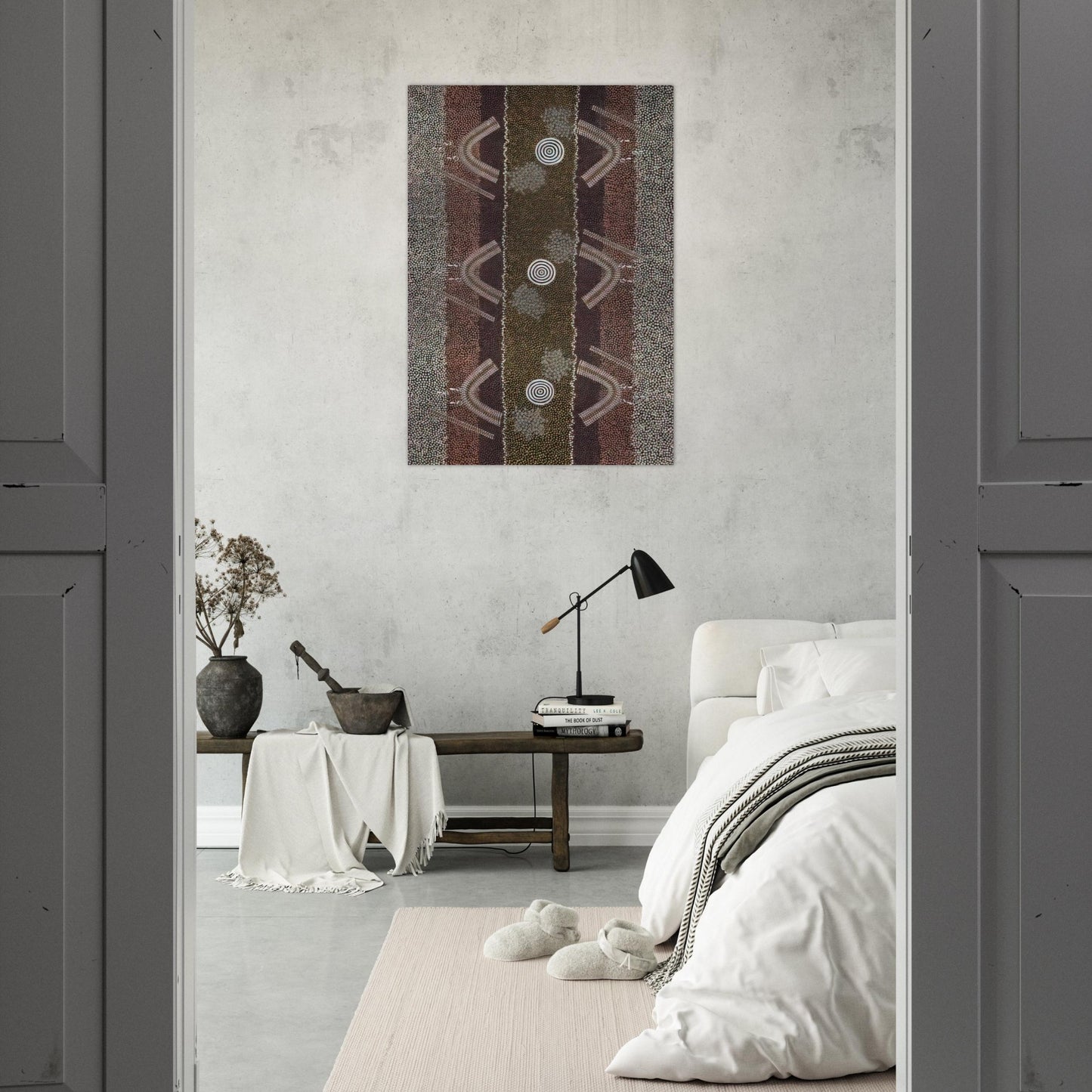 Ground and Body Designs Used in Ceremonies at Arranki on Mt Allan Station - 1982 - Clifford Possum Tjapaltjarri Brushed Aluminum Print - 70x100 cm / 28x40 inches | Clifford Possum Tjapaltjarri Aluminum Print | Clifford Possum Tjapaltjarri Prints