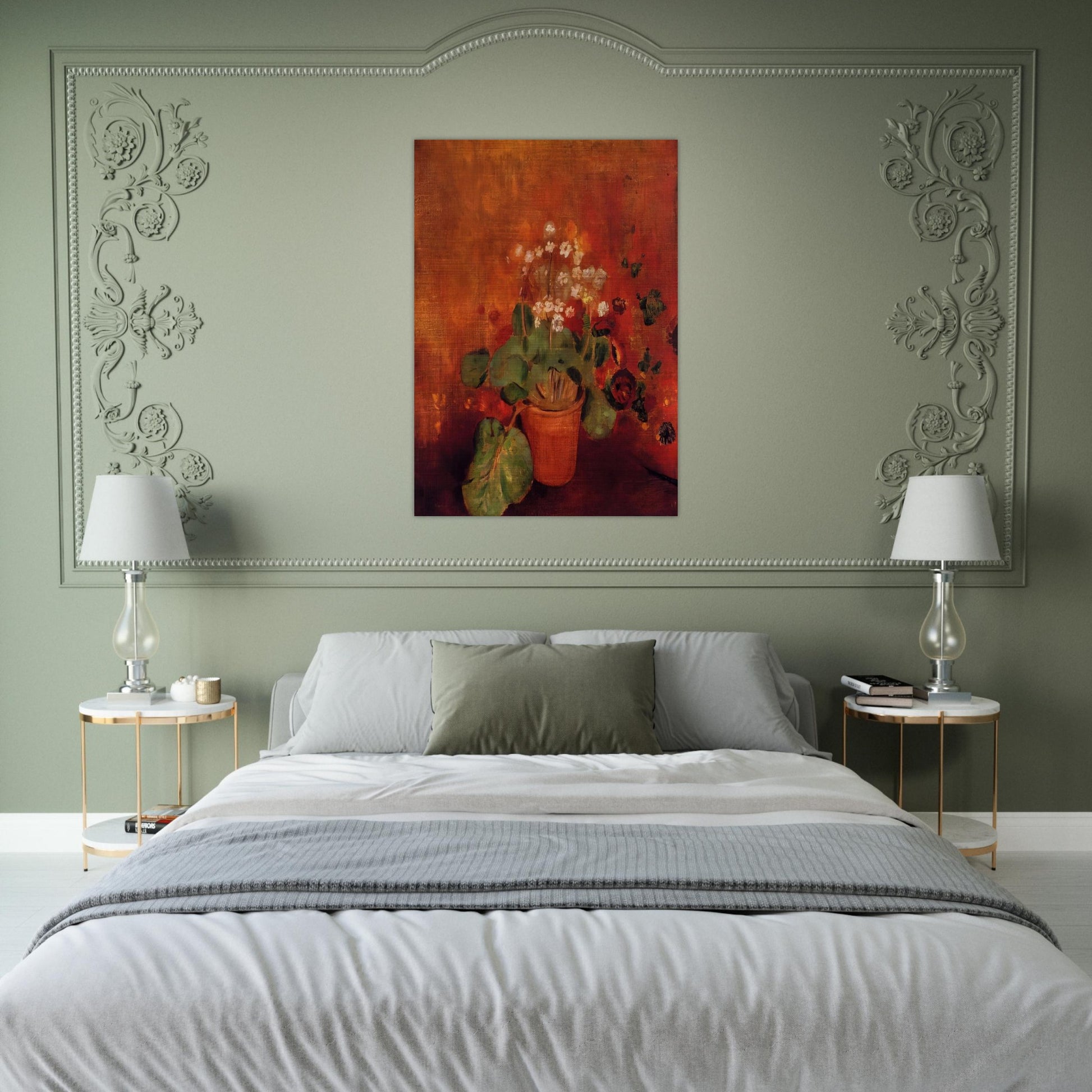 FLOWERS IN A POT ON A RED BACKGROUND - Odilon Redon Brushed Aluminum Print - 70x100 cm / 28x40 inches | Odilon Redon Aluminum Print | Odilon Redon Prints
