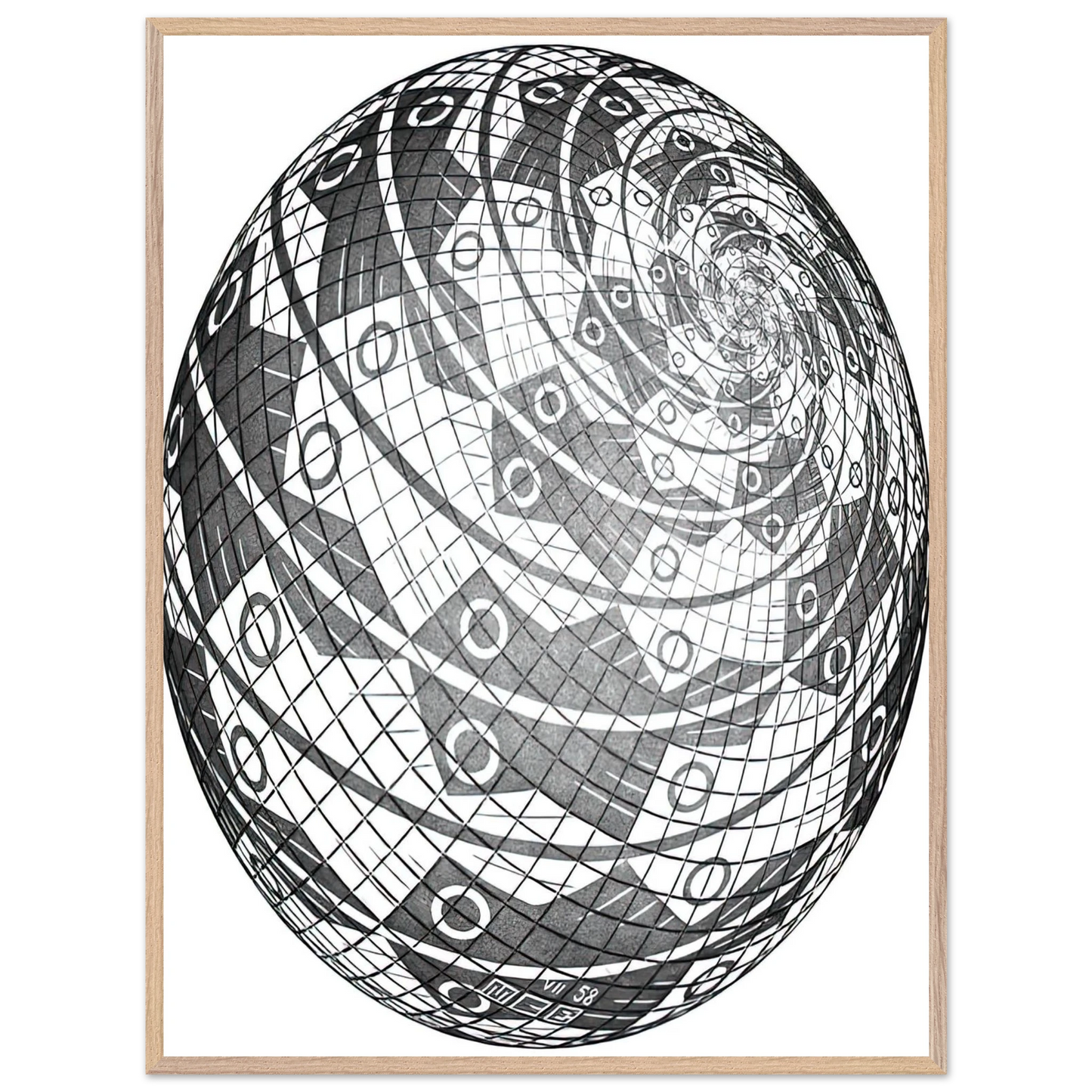 MC Escher - SPHERE SURFACE WITH FISHES Wall Art - 60x80 cm / 24x32 inches - Premium Wooden Framed Poster With Fine Art Paper-canvas - Black frame