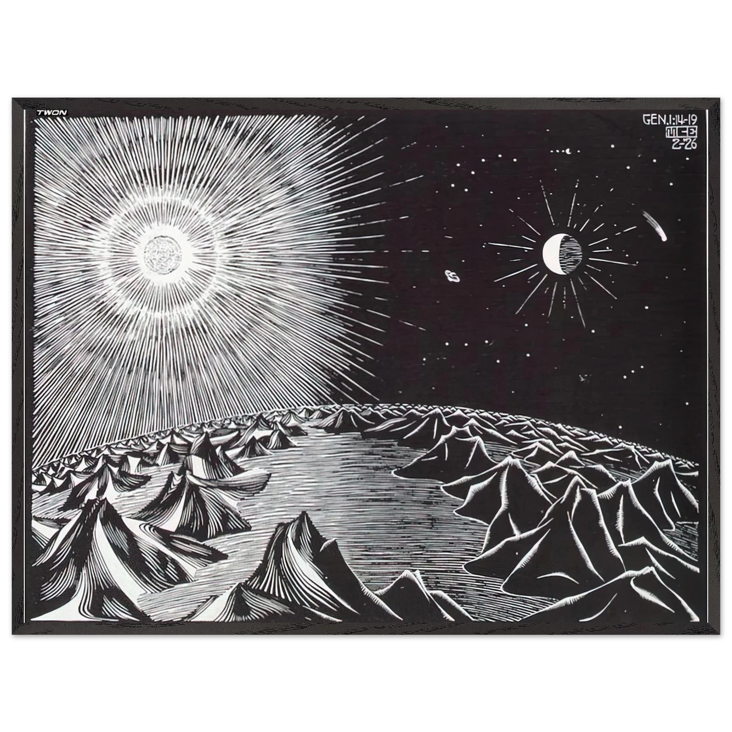 MC Escher - THE 4TH DAY OF THE CREATION Wall Art - 21x29.7 cm / 8x12" - Premium Wooden Framed Poster With Fine Art Paper-canvas - Wood frame