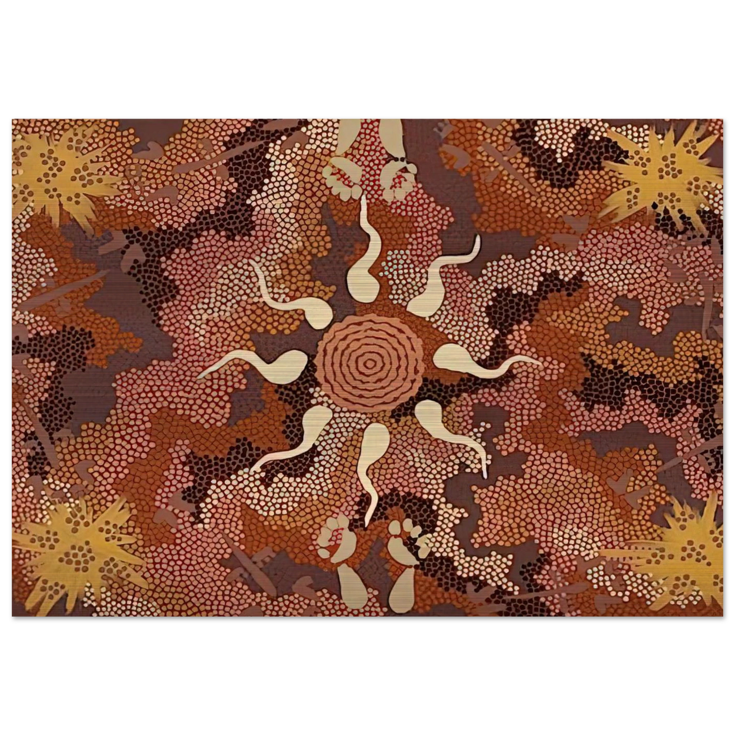 Bush Tucker and Kangaroo Dreaming at Mount Denison - 1993 - Clifford Possum Tjapaltjarri Brushed Aluminum Print - 70x100 cm / 28x40 inches | Clifford Possum Tjapaltjarri Aluminum Print | Clifford Possum Tjapaltjarri Prints