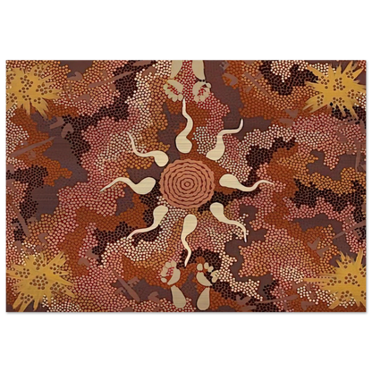 Bush Tucker and Kangaroo Dreaming at Mount Denison - 1993 - Clifford Possum Tjapaltjarri Brushed Aluminum Print - 70x100 cm / 28x40 inches | Clifford Possum Tjapaltjarri Aluminum Print | Clifford Possum Tjapaltjarri Prints