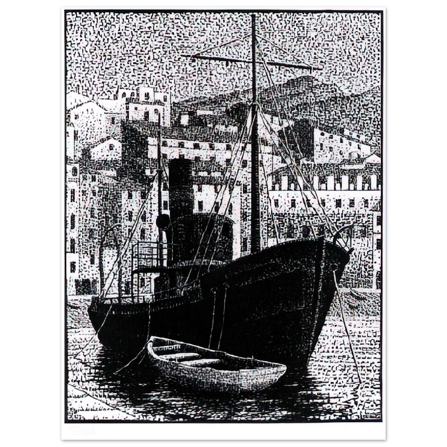 MC Escher - TUGBOAT OLD HARBOR OF BASTIA JANUARY 1934 1934 Wall Art - 30x40 cm / 12x16 inches - Premium Wooden Framed Poster With Fine Art Paper-canvas - Black frame