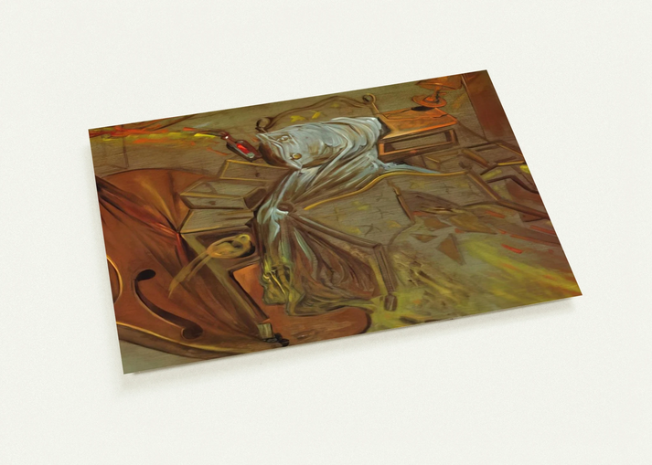 BED AND TWO BEDSIDE TABLES FEROCIOUSLY ATTACKING A CELLO By Salvador Dali Pack of 10 Post Cards | Salvador Dali Post Cards | A6 (10.5 x 14.8 cm) - 4.1 x 5.8 inches